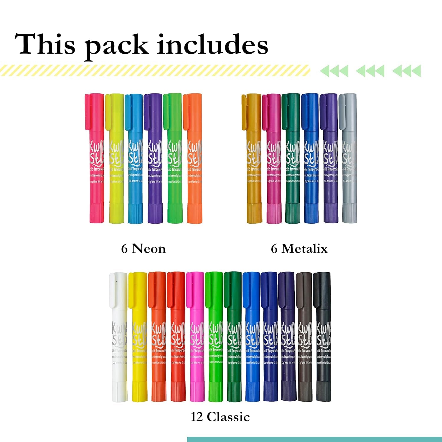 Kwik Stix Solid Tempera Paints, Thin Stix Paint Pens, Super Quick Drying, 6 Neon, 6 Metalix & 12 Classic Vibrant Colors - 24 Pack - TPG-620