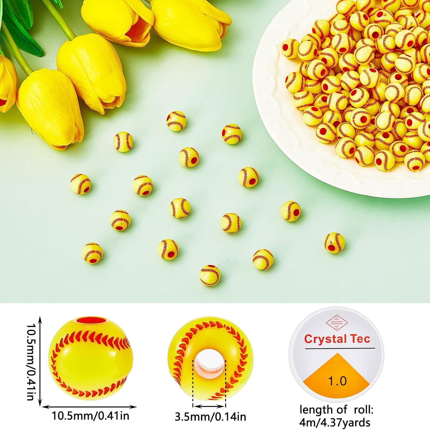 200 Pcs Baseball Beads with 1 Roll of Elastic Rope 10.5 Mm Acrylic Beads for Jewelry Making Softball Beads Sports Beads for Baseball Craft Supplies Acrylic Beads for DIY Making (Softball Style)