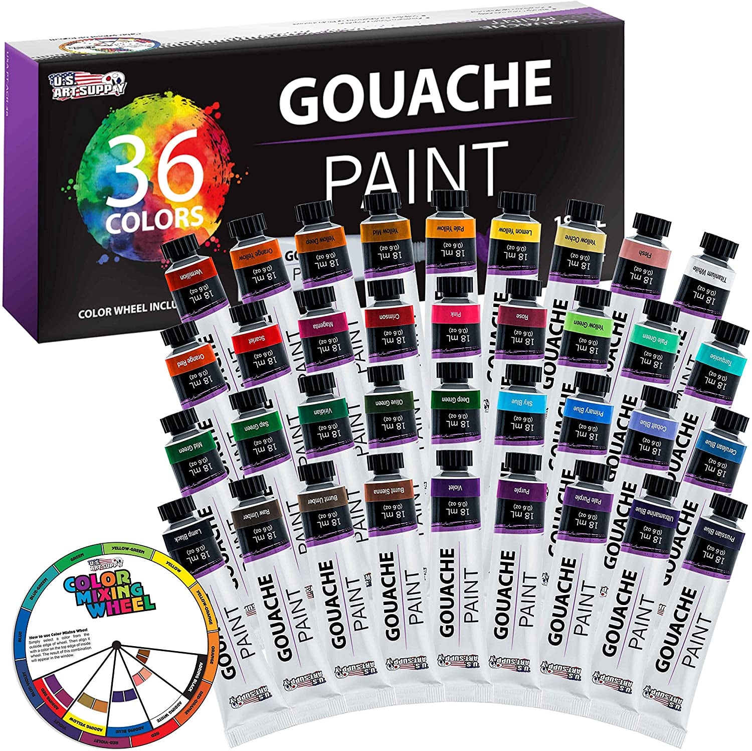 Professional 36 Color Set of Gouache Paint in Large 18Ml Tubes - Rich Vivid Colors for Artists, Students, Beginners - Canvas Portrait Paintings - Color Mixing Wheel
