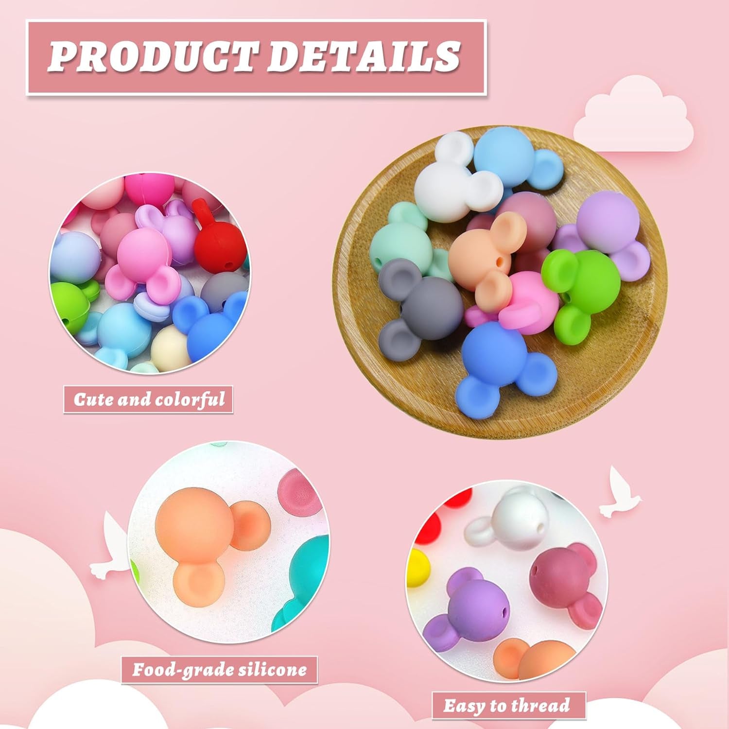 42 Pcs Mouse Head Silicone Focal Beads Cute Cartoon Loose Beads Accessory for DIY Keychains Bracelet Necklace Pens Lanyard Making