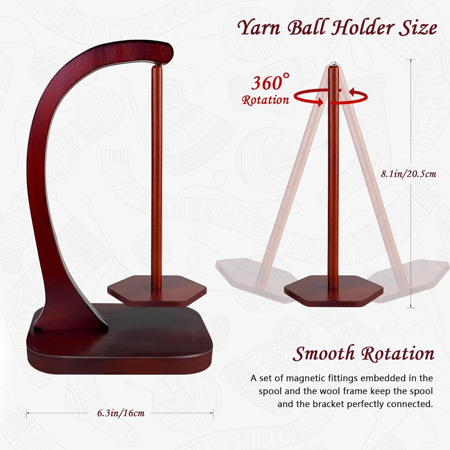 Yarn Ball Holder for Knitting and Crocheting, Wooden Yarn Spinner with Magnetic Metal Twirling Mechanism and Anti-Slip Pads, Crochet Gift for Knitting Lovers