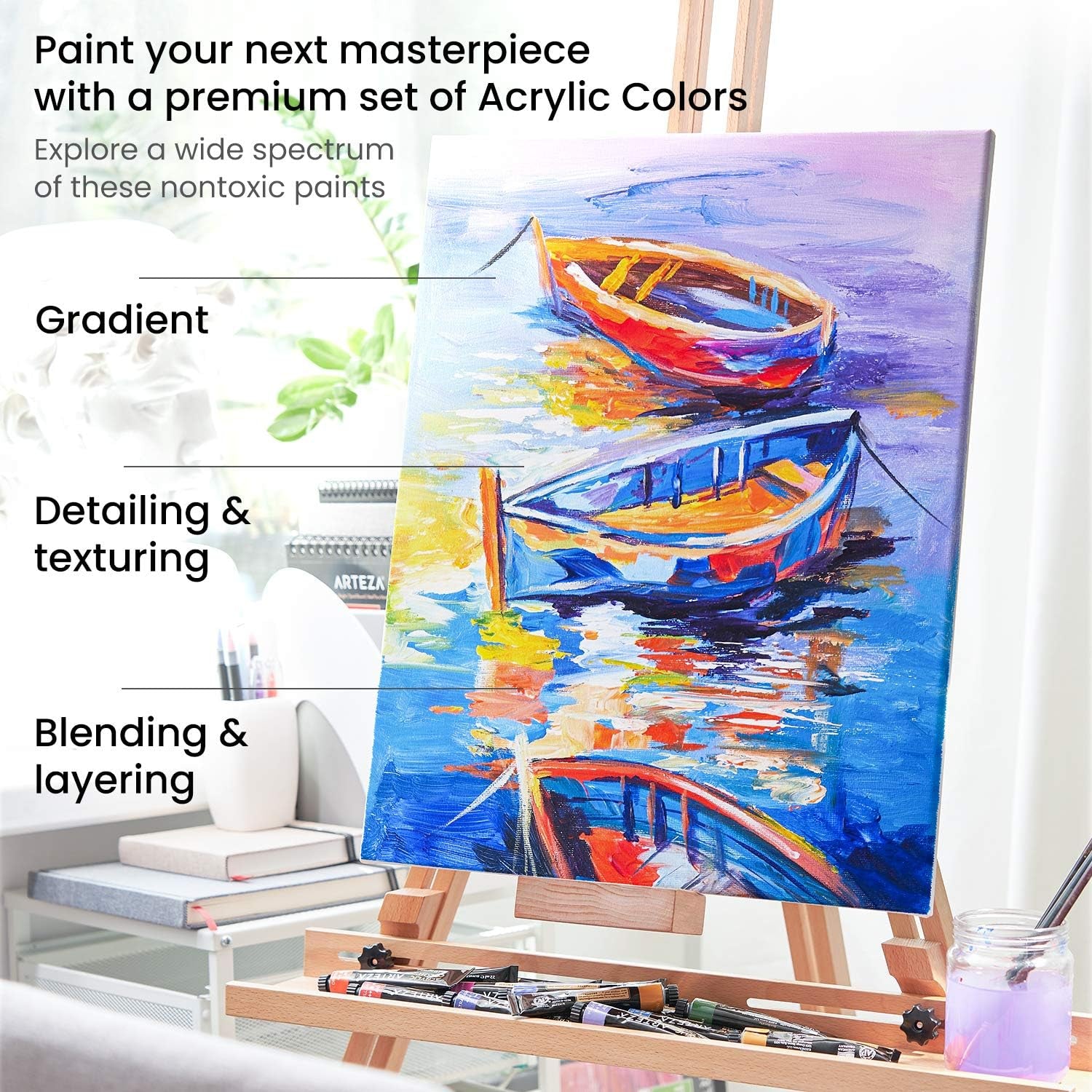 Acrylic Paint Set of 60 Colors, 0.74 Ounces Tubes, 5 Metallic Colors Acrylic Paints, Non-Toxic Artist Paints. Art Supplies for Painting