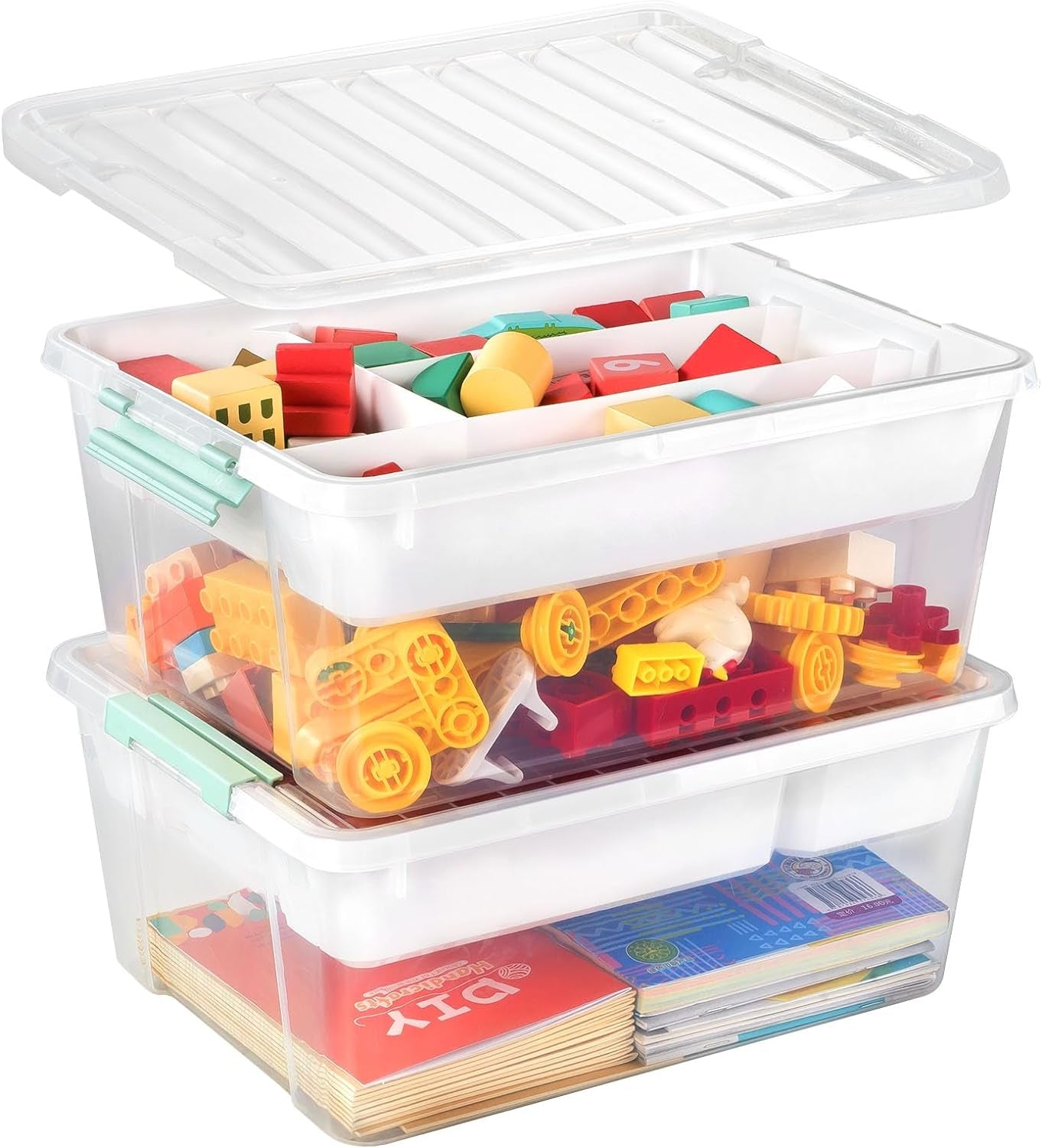 Plastic Storage Box with Removable Tray Caddy, Clear Art Supply Craft Organizers and Storage Bin, Playroom Container Organizer with Lid for Lego, Bead, Crayon, Tool, Sewing, Playdoh, Toy
