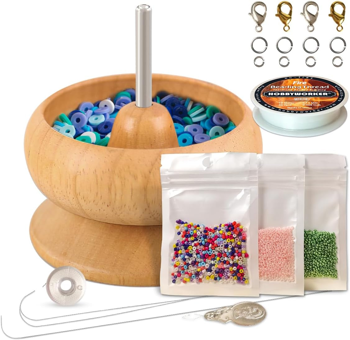 Upgrade Wooden Bead Spinner with 2 Pcs Big Needles,8000 Pcs Seed Beads and 1 Surprise Gift Pack for Jewelry Making Tools,Quickly Stringing Beads Tool, Manual Operated