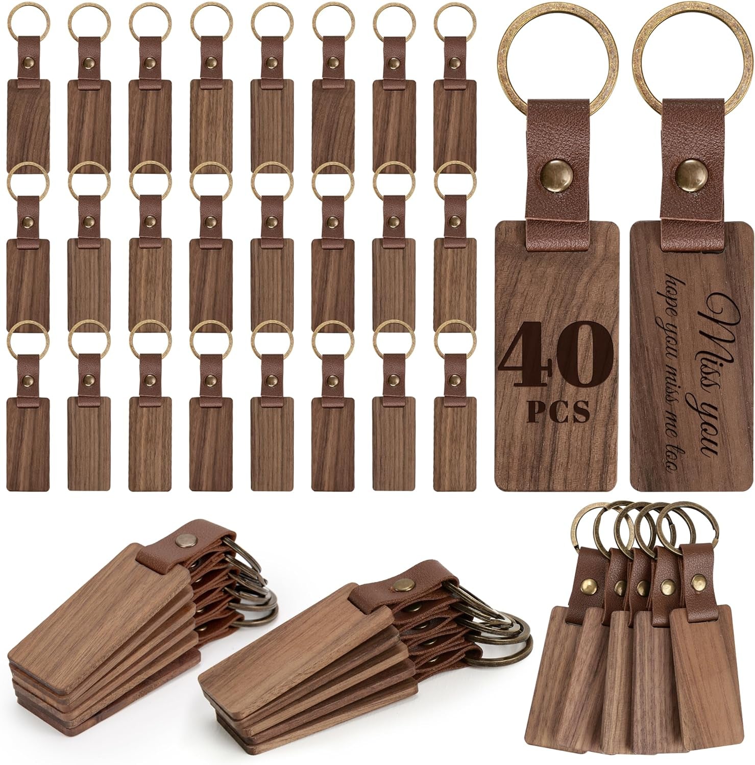 25 Pieces Leather Wood Keychain Blank, Wooden Keychain Blanks with Leather Strap, Unfinished Wooden Keychains for Laser Engraving, DIY Various Key Tags, Wood Crafts Gift