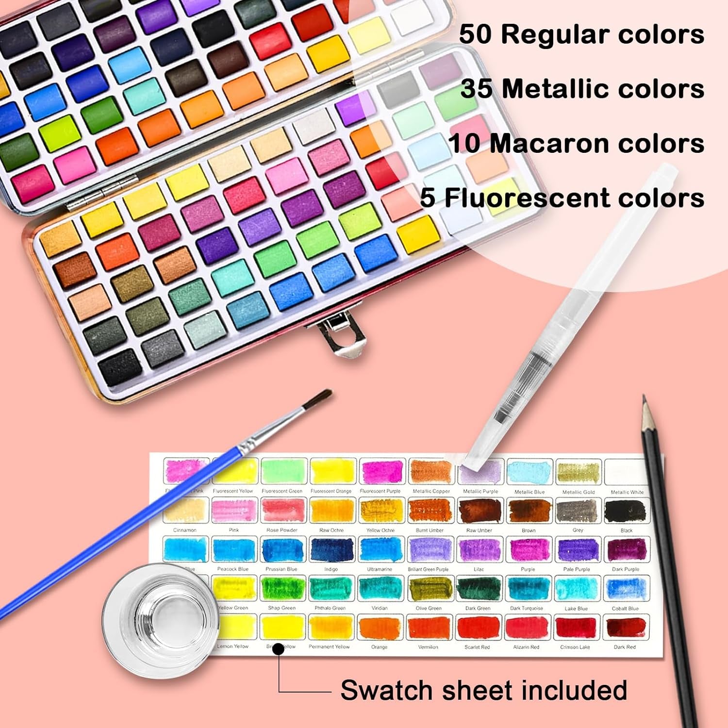 Watercolor Paint Set, 100 Water Color Pallet Adult, Travel Watercolor Palette Set with Regular, Macaron, Metallic & Fluorescent Colors - Art Supply Kit for Kids, Adults, Beginners, Artists