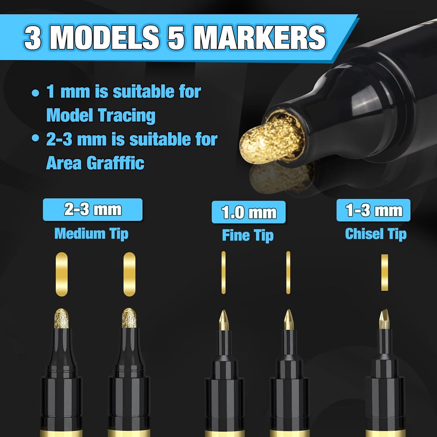 5 Liquid Gold Paint Pens for Art, Mirror Chrome Marker, Reflective Gloss Permanent Marker, Touch up Repair Paint Pen for Model, Wood, Rock, Glass, and Christmas Ornaments Craft (2-3Mm / 1Mm / 1-3Mm)