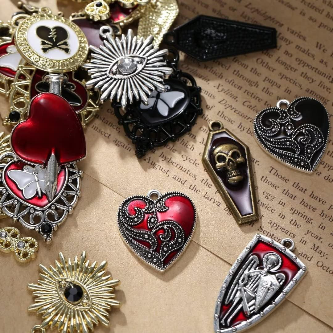 Baroque 64Pcs Assorted Gold Black Red Rose Skull Enamel Charms Coffin Cross Halloween Charm Pendant DIY for Earrings Necklace Bracelet Jewelry Making and Crafting