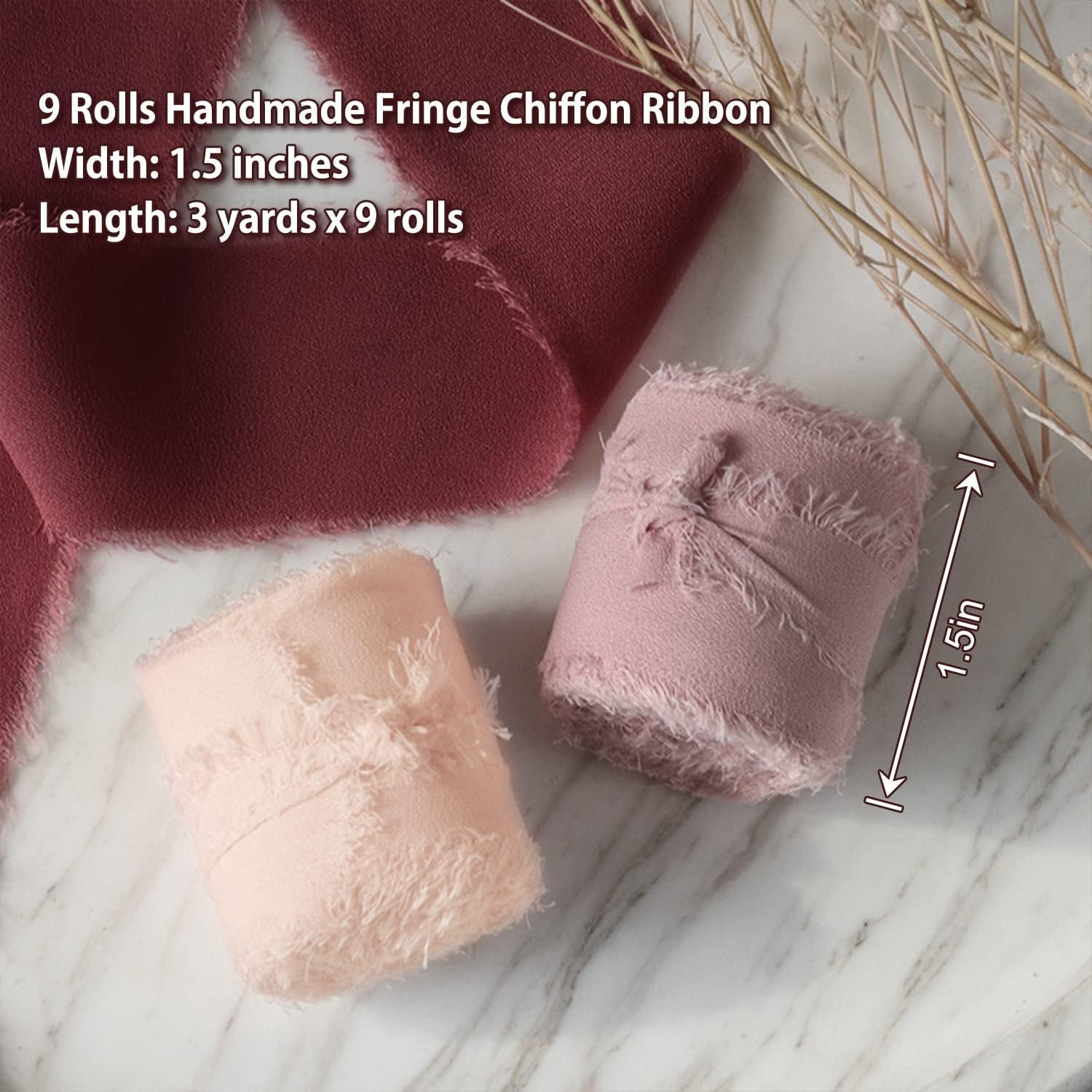 Chiffon Ribbon Fringe Silk Ribbon 9 Rolls Handmade Frayed Edges Ribbon 1.5 Inch X 3 Yard Fabric Boho Ribbon for Gift Wrapping Wedding Invitations Decoration DIY Craft Bridal Bouquets