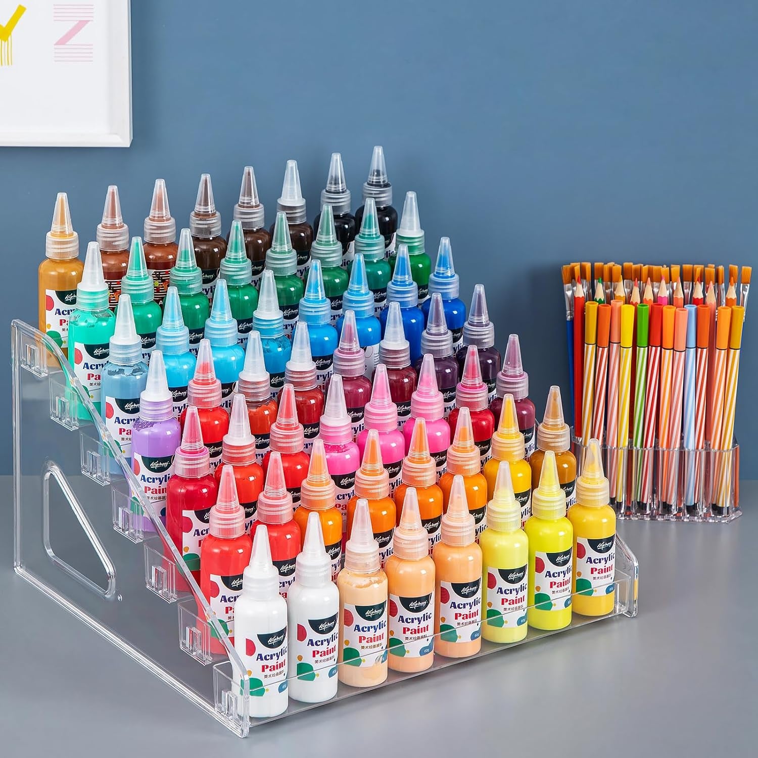 Acrylic Paint Organizer (7Layer) & Paint Brush Holder (26 Holes) for Paint Storage Paint Tube Holder, Clear Paint Bottle Rack for Alcohol Inks, Food Coloring Organizer Paint Storage Box