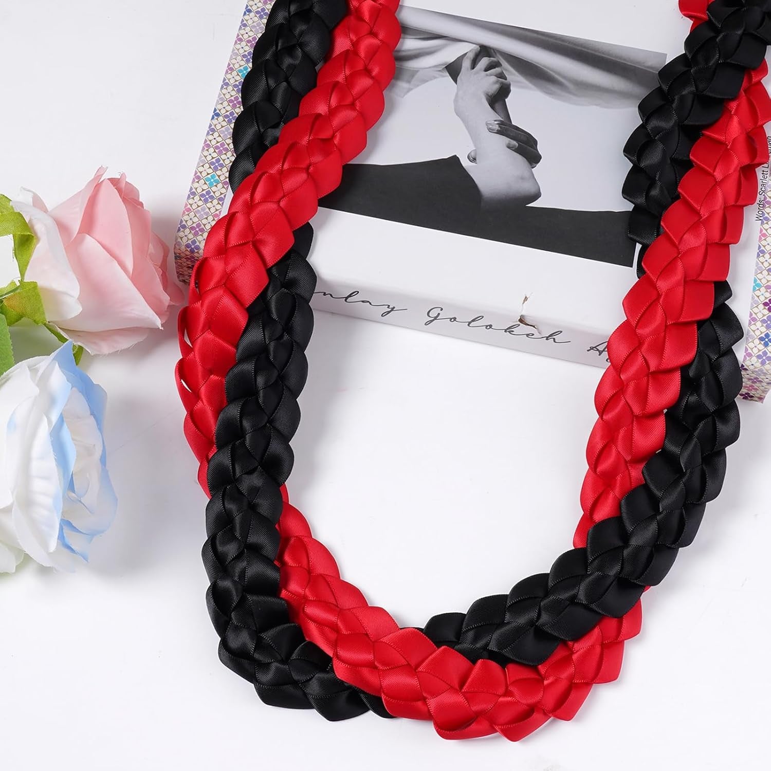 2024 Graduation Ribbon Lei Grad Braided Necklace Graduation Gift with Tassel Adjustable Leis for High School College Bachelor Master Doctor Graduation Party (Black & Red, 1)