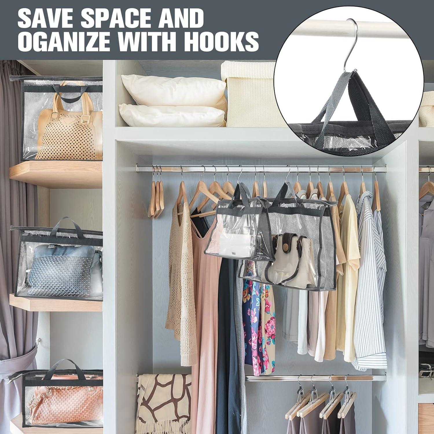 20 Pack Dust Bags for Handbags Clear Handbag Storage 3 Sizes Handbag Organizers for Closets Hand Bag Dust Cover Purse Protector Bag with Zipper and Handles with 25 Pcs S Shape Hooks