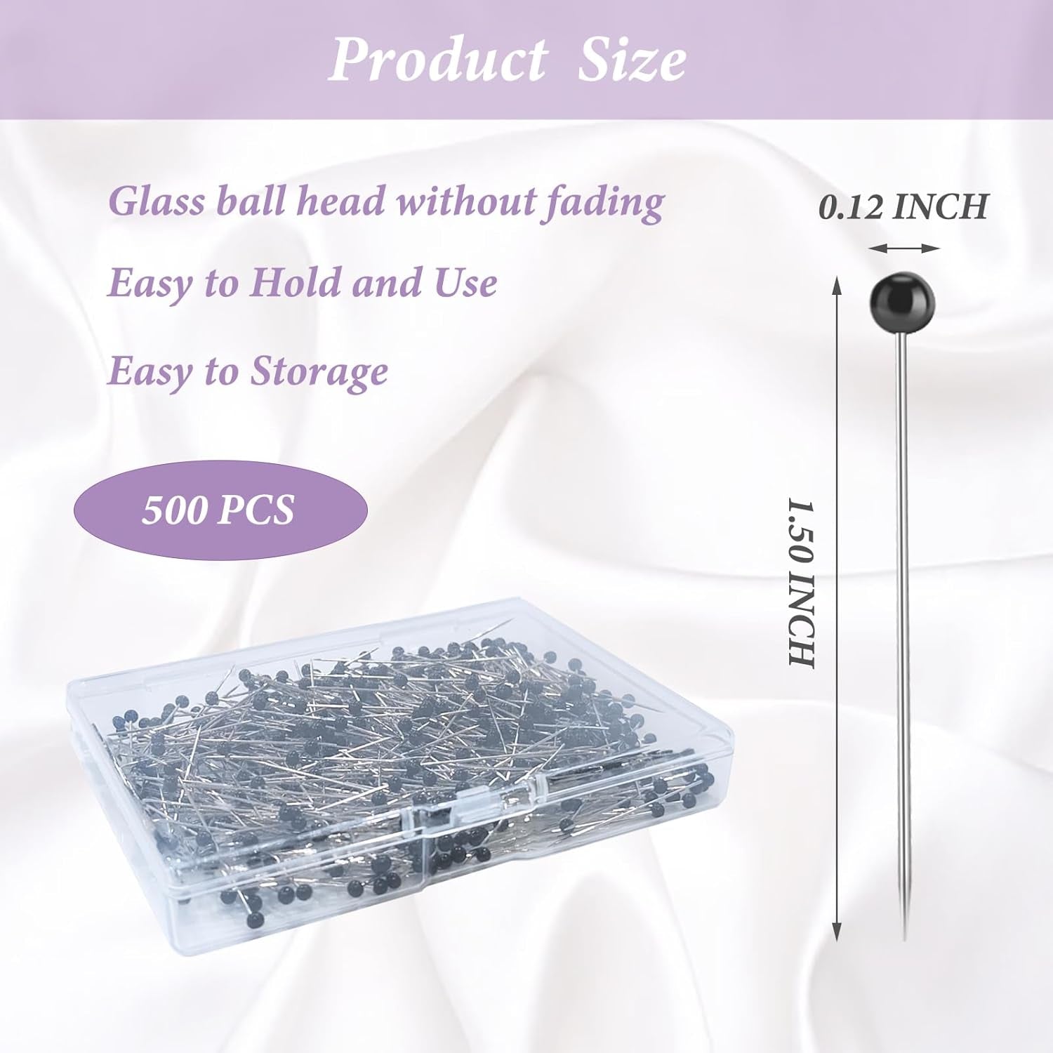 Sewing Pins, 500 Pcs Straight Pins Ball Glass Head Pins with 1.5 Inch,Quilting Sewing Pins for Fabric, Black Pins for Jewelry DIY, Craft and Sewing Supplies