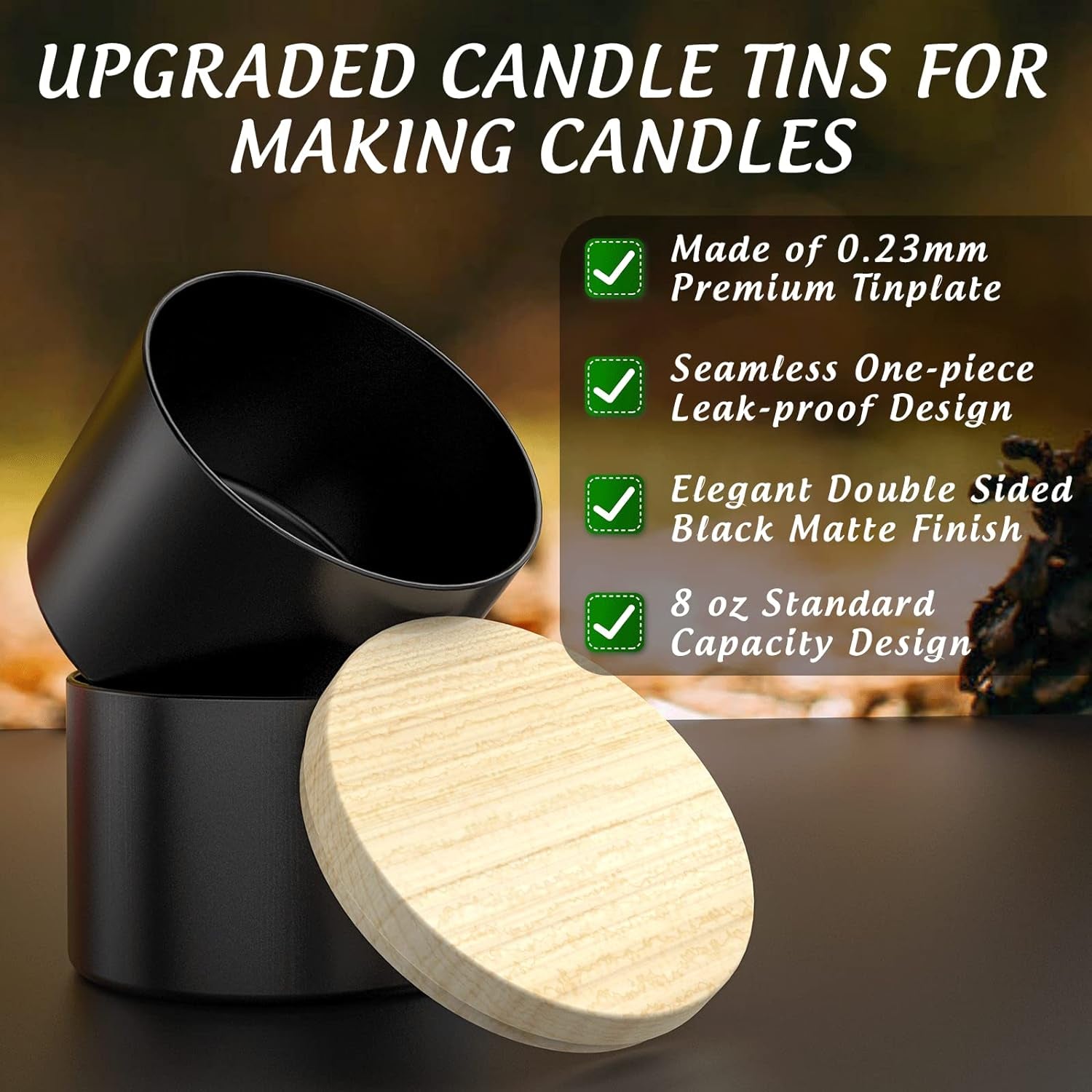 Upgraded 24 Pack Candle Tins 8 Oz with Lids, Bulk Empty Candle Jars for Making Candles, Premium Metal Candle Containers, round Candle Vessels Kit for Adults DIY Candle Making (Black and Wood Grain)