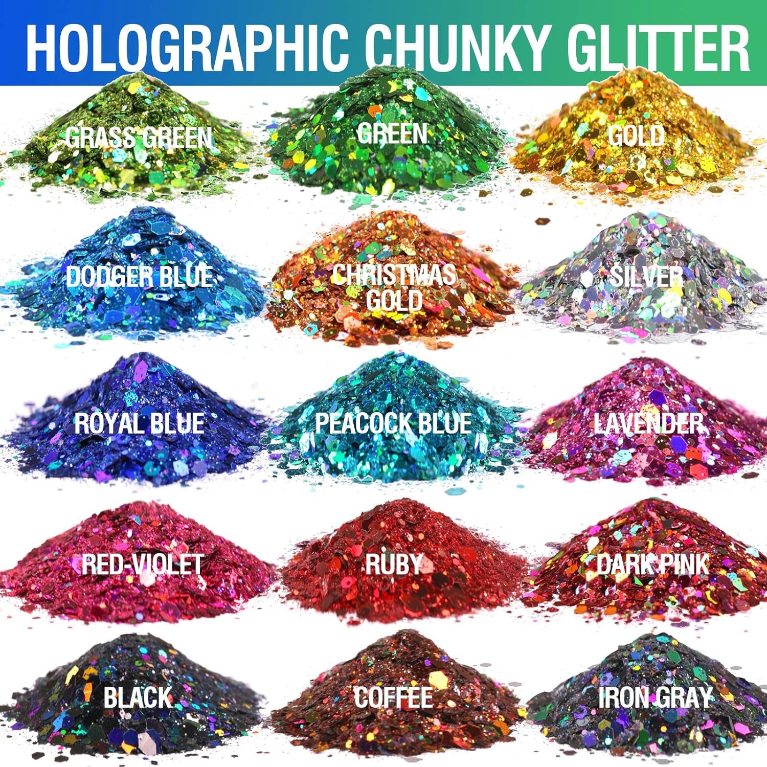 Holographic Chunky Glitter, 15 Colors Glitter, Craft Glitter for Resin, Nail Glitter, Festival Cosmetic Hair Face Body Glitter, Glitter Flakes Sequins for Epoxy Resin Tumbler DIY Arts Crafts