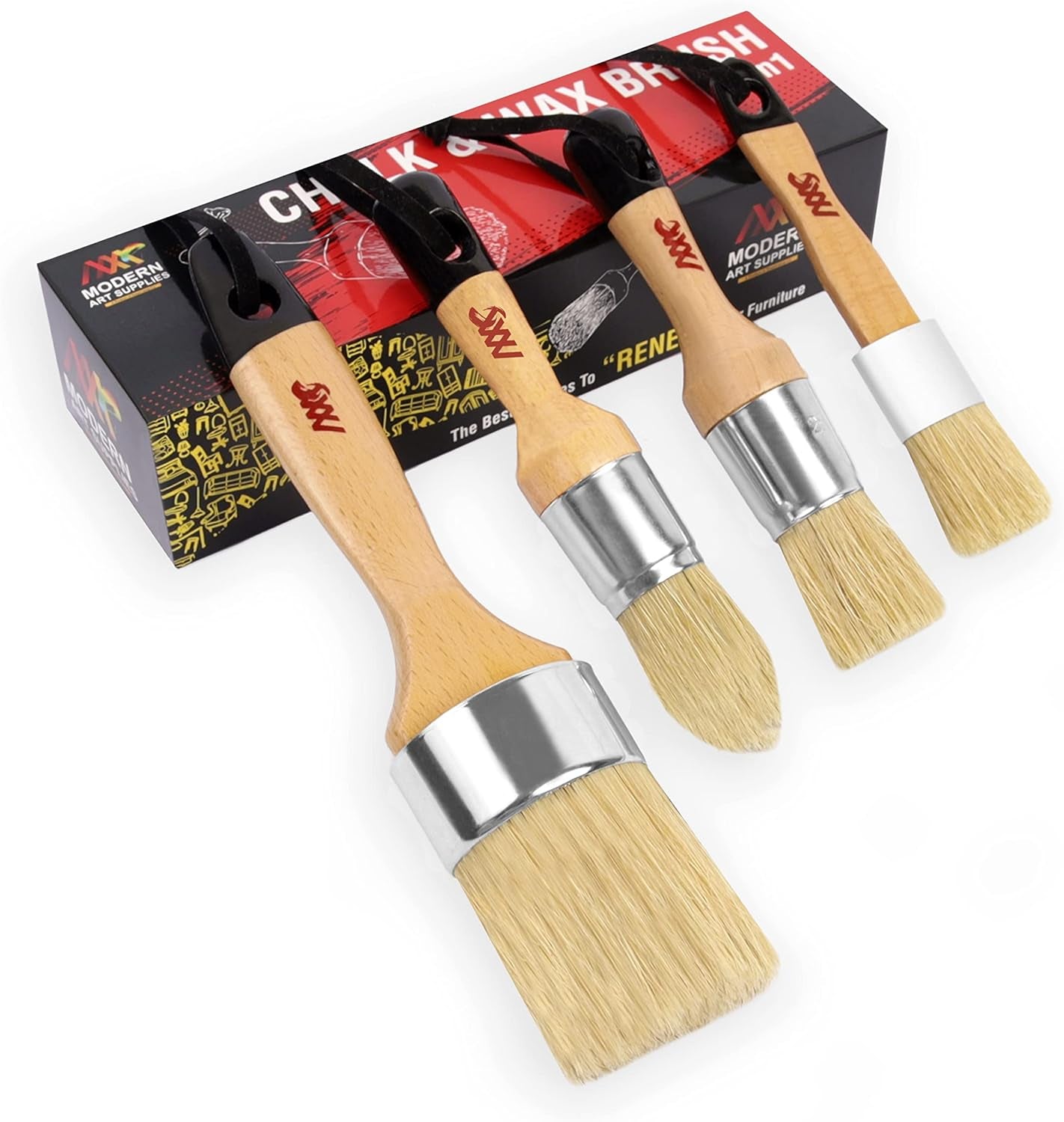 Chalk Wax Paint Brush 4Pcs Set Including 3 Small Paint Brushes for Furniture Painting and 1 Large Chalk Brush, Bristle Paint Brushes Set Compatible with Annie Sloan Chalk Paint, Fusion Mineral Paint