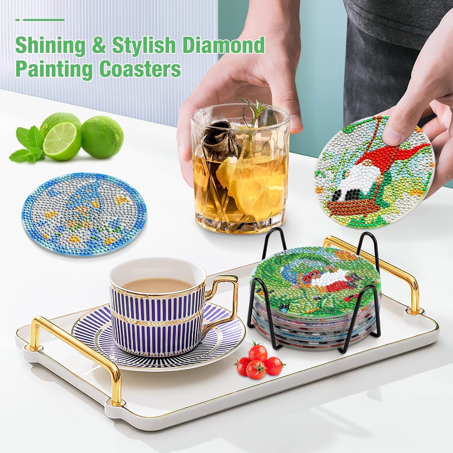 8 Pcs Diamond Art Painting Coasters with Holder, DIY Coasters Gnomes Diamond Art Painting Coaster Kits for Beginners Adults Cartoon Diamond Art Coasters Drinks Coaster Craft Supplies 4 Inch