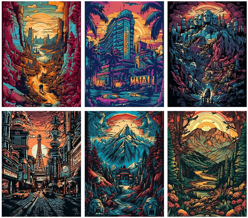 6 Packs Abstract Paint by Number for Adults Canvas, Easy Acrylic Landscape Paint by Numbers Kit for Adults Beginner, World Famous Scenic Spots Oil Painting Kits, Gifts Wall Decor 7.8X11.8Inch