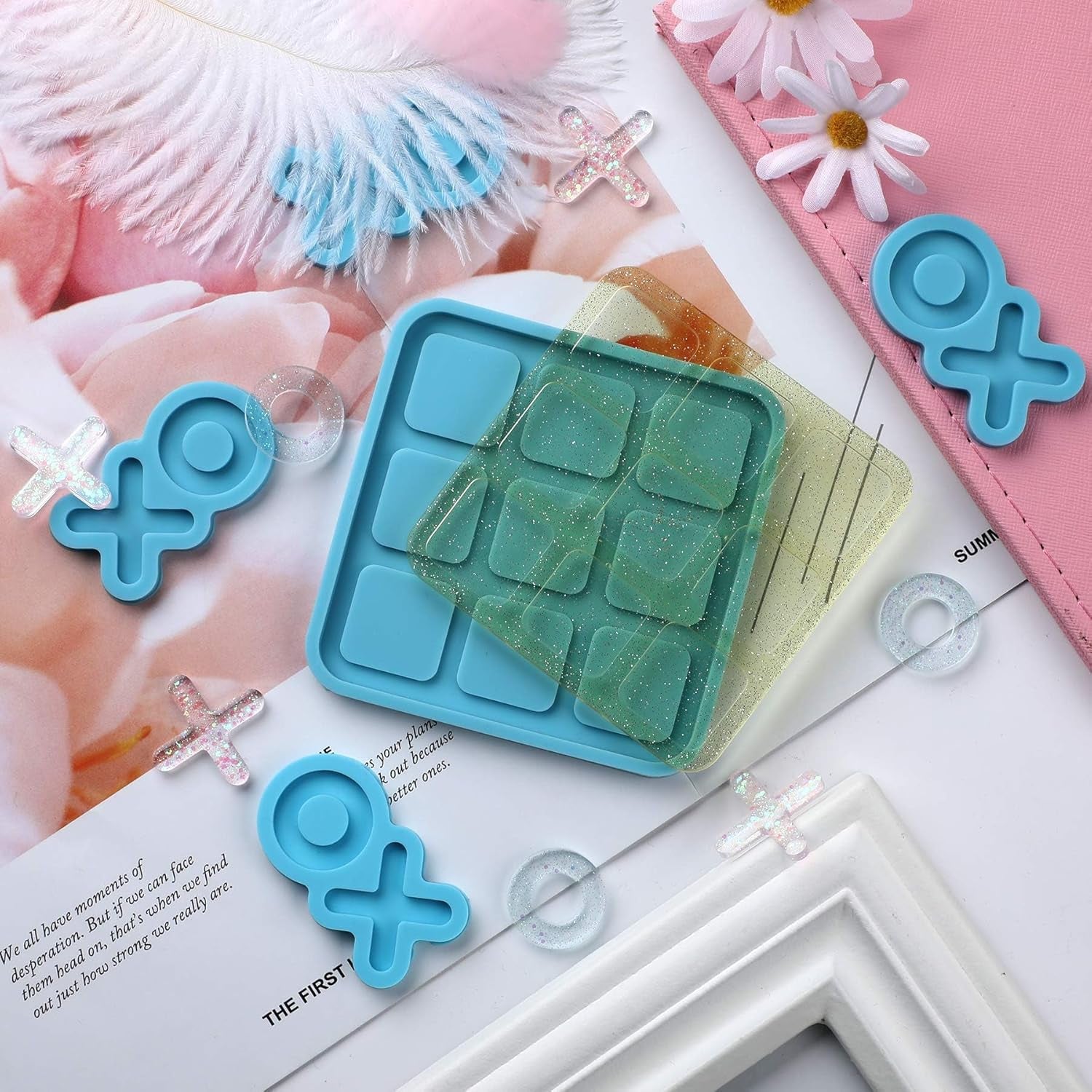 Tic Tac Toe Resin Mold with 5 Chess Pieces Molds, X O Board Game Silicone Molds for Resin Casting,Diy Tabletop Board Game