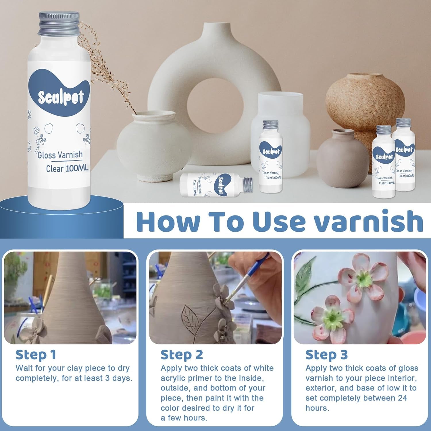 Clay Varnish for Air Drying Clay, 100ML Gloss Finish Air Dry Clay Glaze, High Gloss &amp; Water Proof, and Scratch Resistant, Design for Air Dry Clay Pottery (Gloss Varnish)