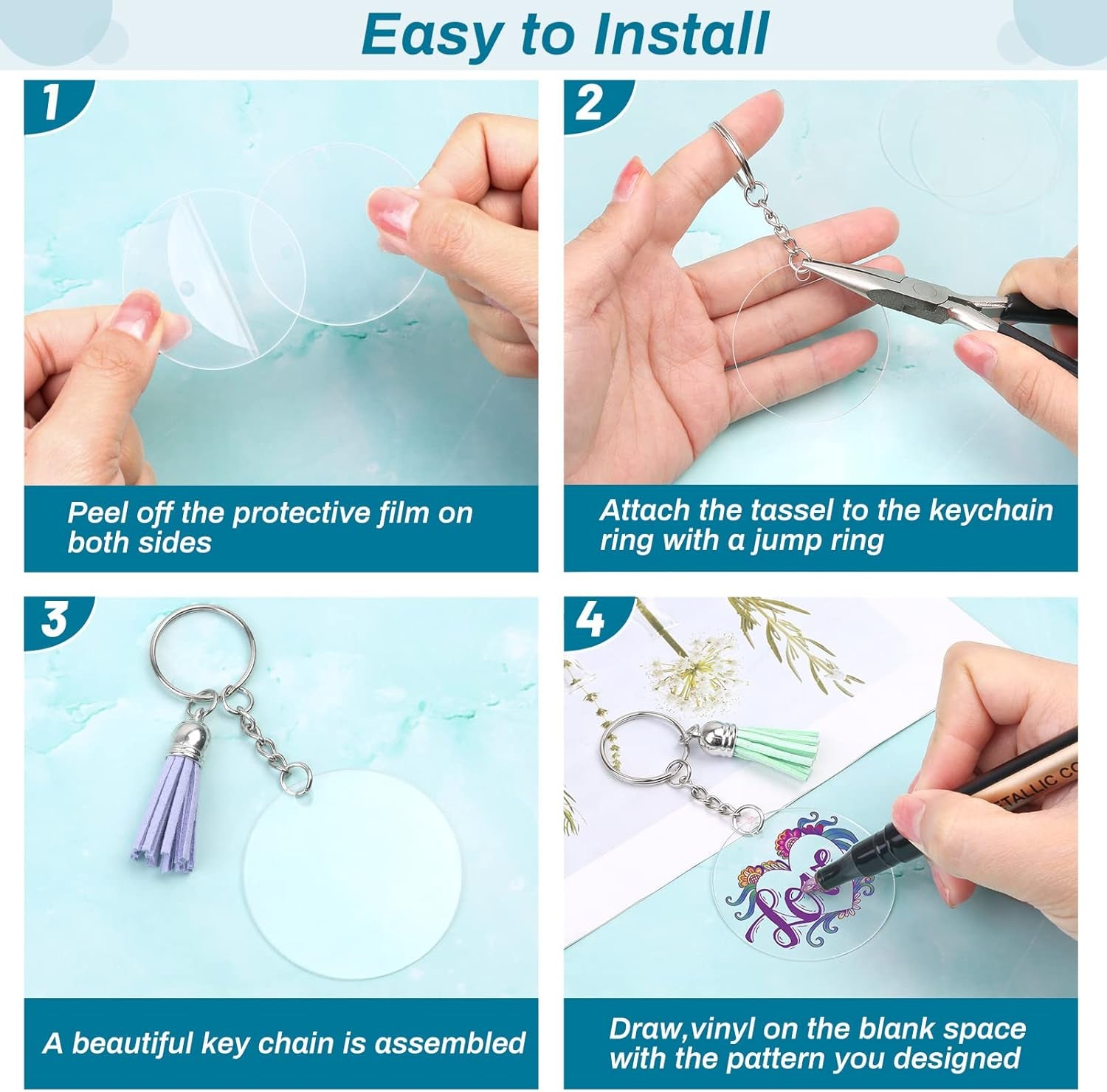 350Pcs Acrylic Keychain Blanks  Clear Acrylic Keychain Blanks for Vinyl with 60 Pcs Acrylic Blanks, 60 Pcs Keychain Tassels, 170 Pcs Jump Rings and 60Pcs Keychain Rings for DIY Keychain Craft