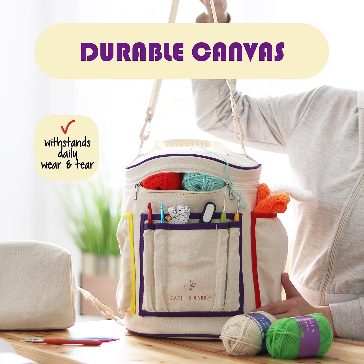 Crochet Bag Organizer – Durable Knitting Bag, Yarn Organizer for Crochet Accessories and Supplies, Canvas Yarn Bag, Crochet Organizer with Accessories Case, Yarn Storage Organizer