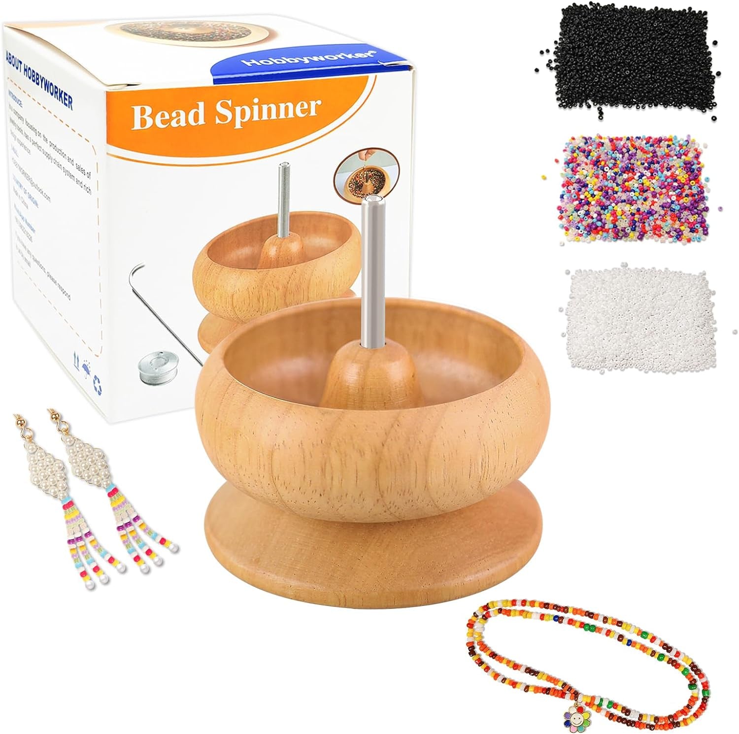 Upgrade Wooden Bead Spinner with 2 Pcs Big Needles,8000 Pcs Seed Beads and 1 Surprise Gift Pack for Jewelry Making Tools,Quickly Stringing Beads Tool, Manual Operated