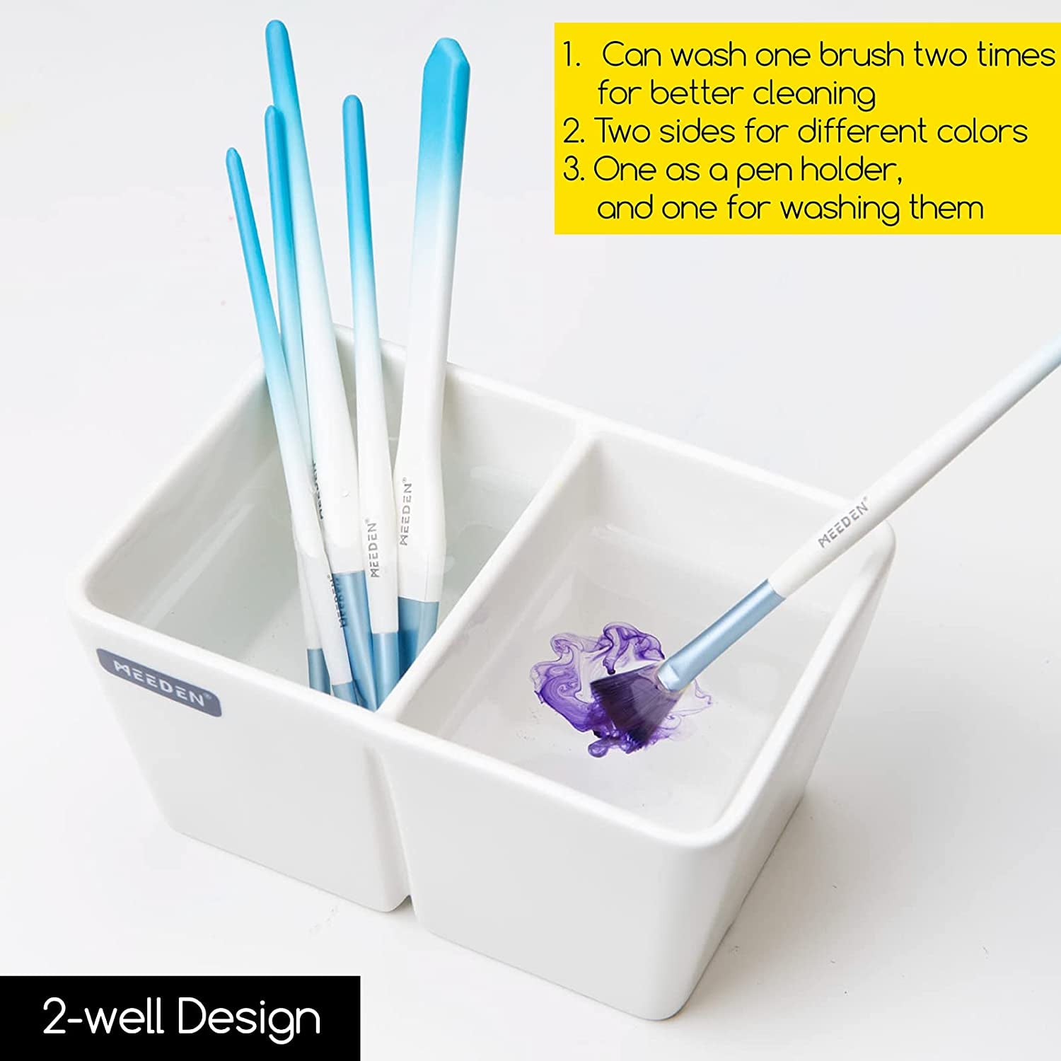 Ceramic Paint Palette, Paint Brush Wash Bowl, 2 Deep Well Artist Paint Palette, White Porcelain Watercolor Painting Dish, Large Capacity Paintbrush Washer for Watercolor Gouache Painting