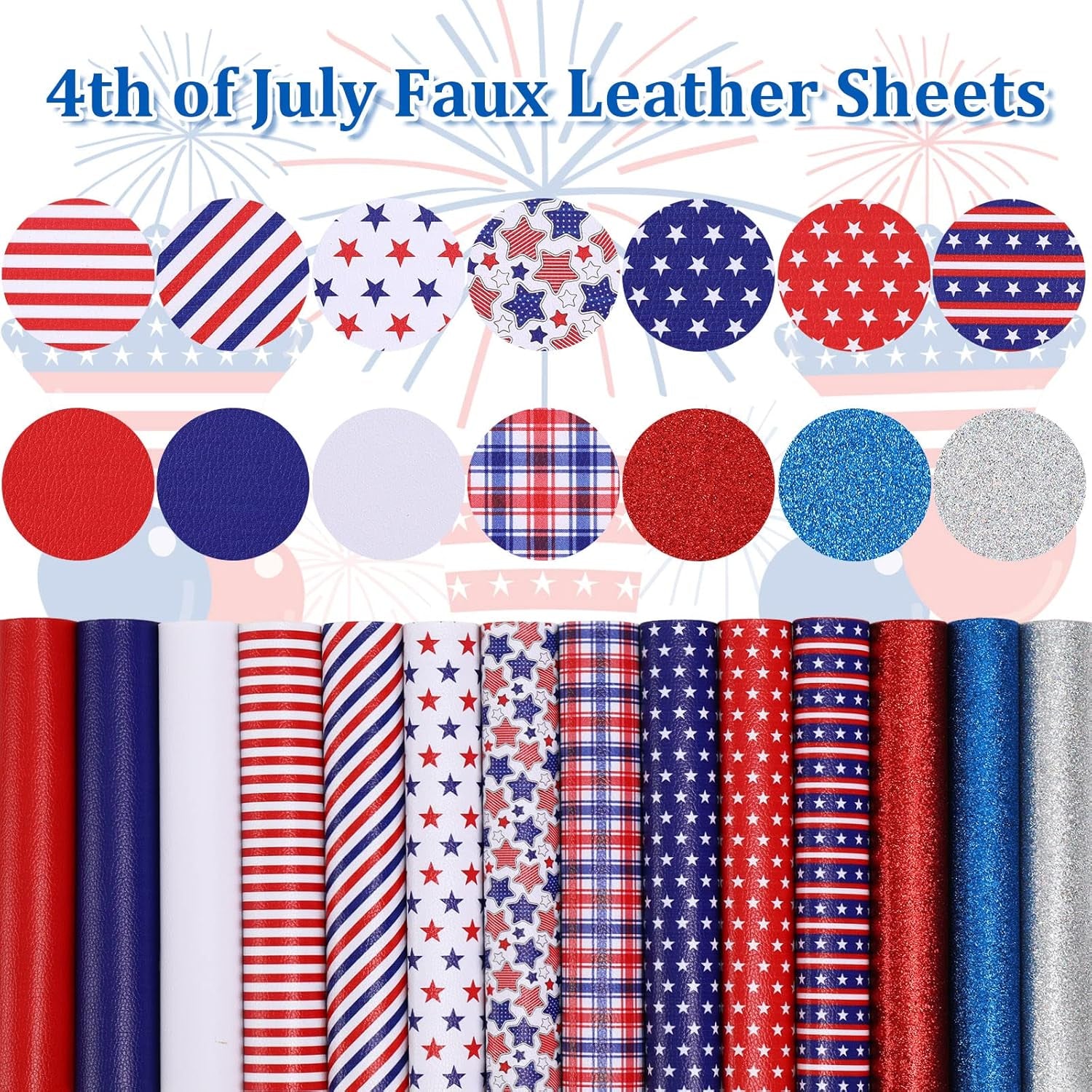 14Pcs 4Th of July Faux Leather Sheet Stars and Stripes Synthetic Leather Glitter Sequins Fabric Crafts for Patriotic Independence Day Earring Craft Bag Hair Bow DIY Gift Making, 8.3 X 6.3In