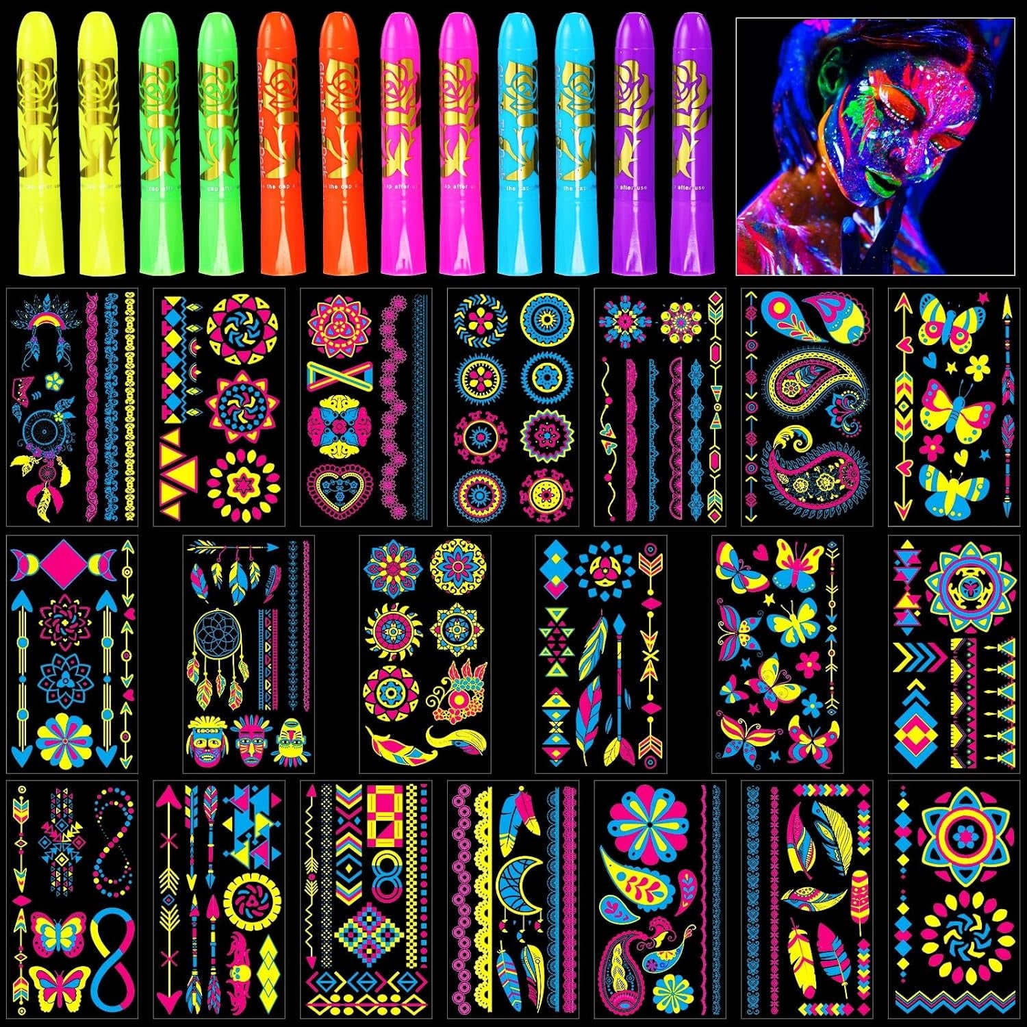 Glow in the Dark Party Supply 20 Sheet (Over 160 Pcs) Glow Temporary Tattoo Stickers,12 UV Neon Light Face Body Crayons Paint Kit for Kid Adult Masquerade Masks Mardi Gras Supplies Neon Favor