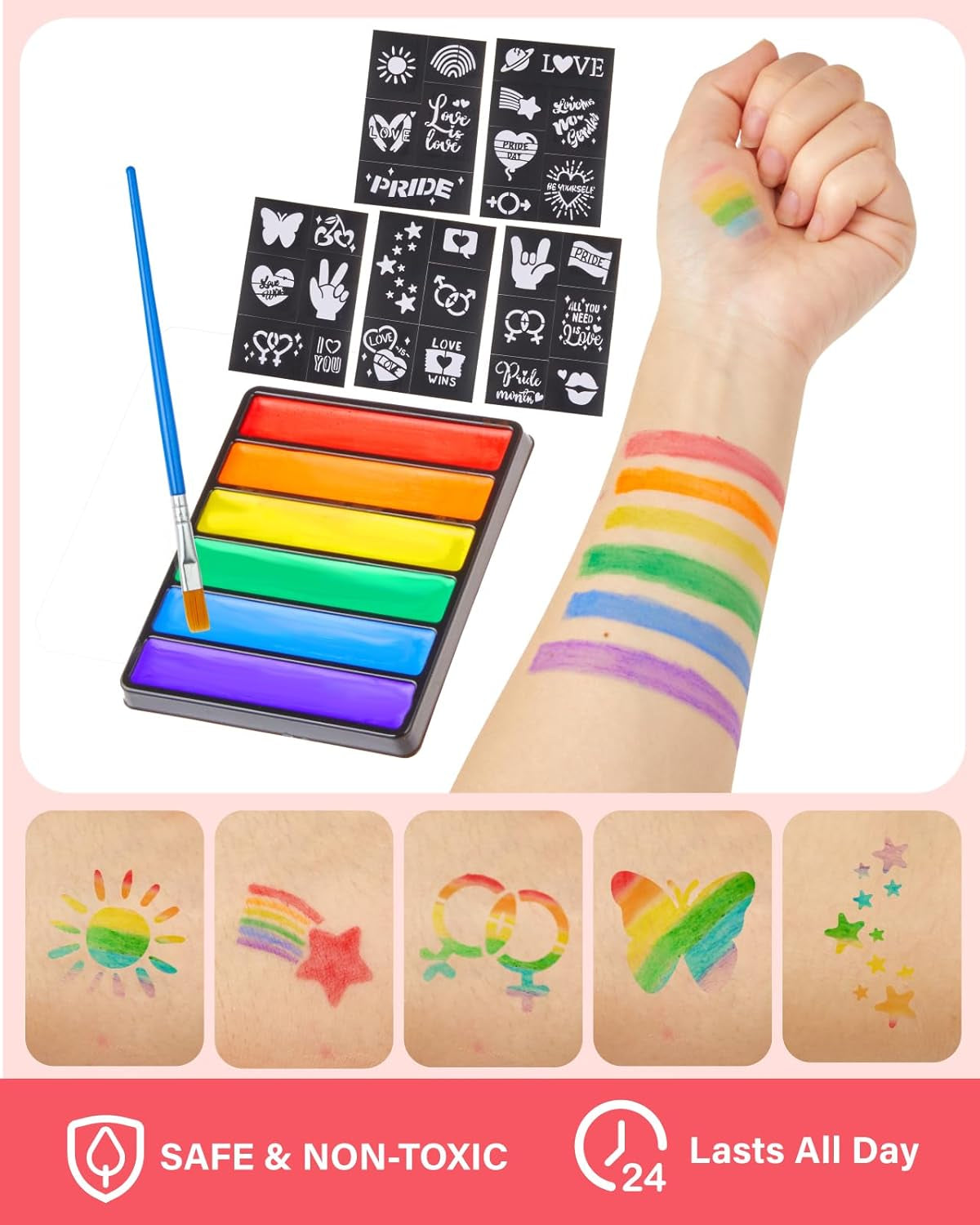 Pride Face Paint Kit - 6 Color Rainbow Face Body Paint with Pride Makeup Stick, Stencil Stickers, and Pride Bracelet - Perfect for Gay Pride Parade, Pride Month Celebrations and Party