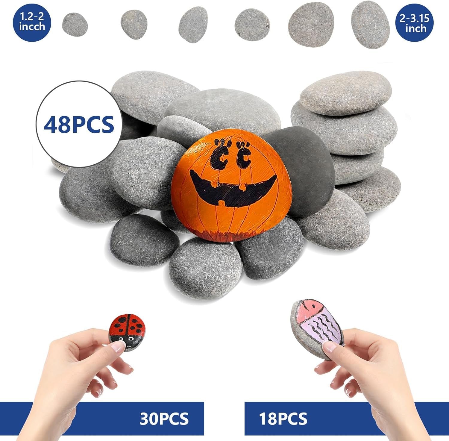 48 Pcs River Rocks for Painting 1.2-3.15 Inch Smooth Painting Rocks Natural Flat Rocks Assorted Size for Painting and Crafting, Family Time, Kid Party and Outdoor Rock Art Garden Decor