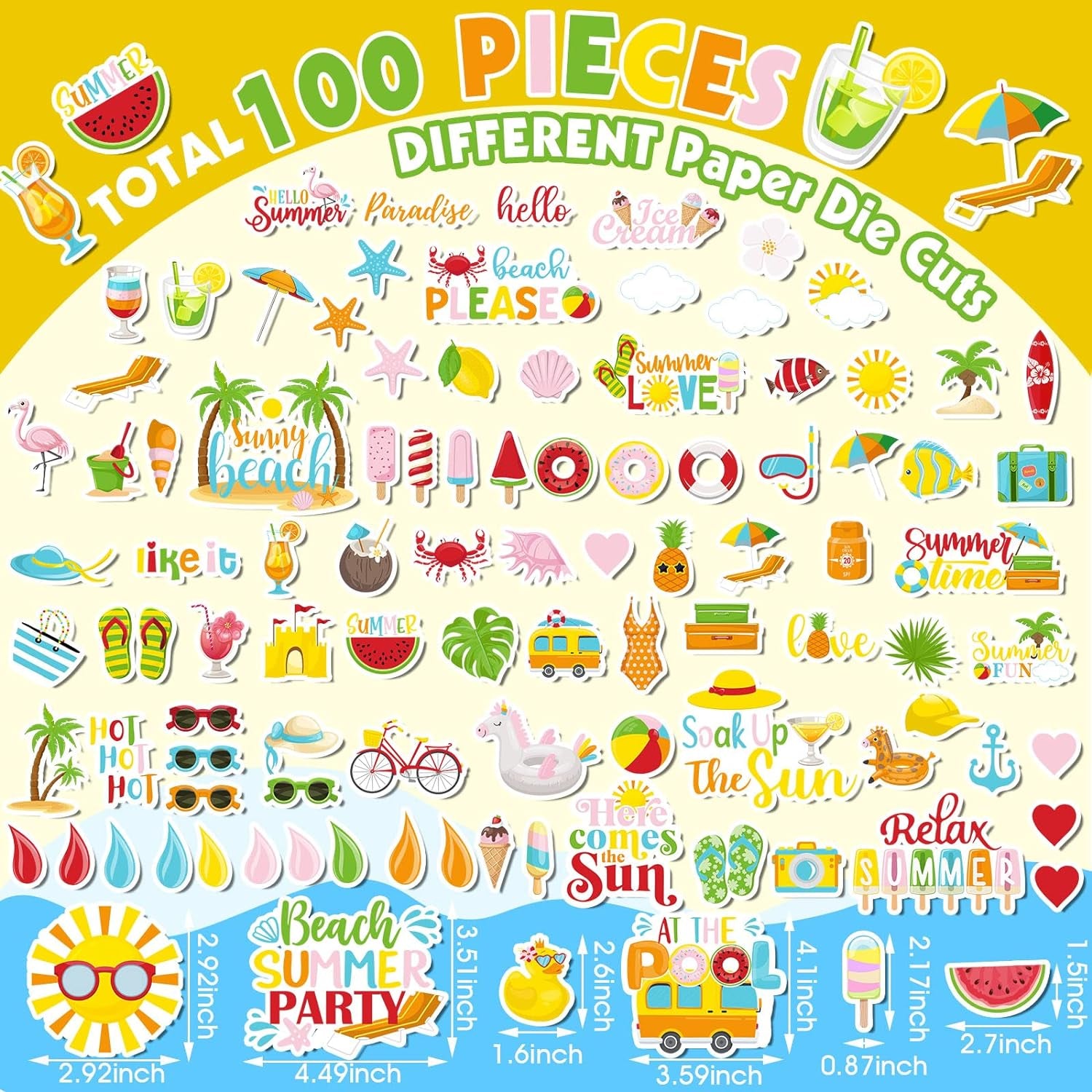 100 Pcs Summer Themed Paper Die Cuts Cardstock Scrapbook Die Cuts Scrapbooking Summer Cut Outs Scrapbook Embellishments for Summer Bulletin Board Decorations DIY Craft Making Supplies