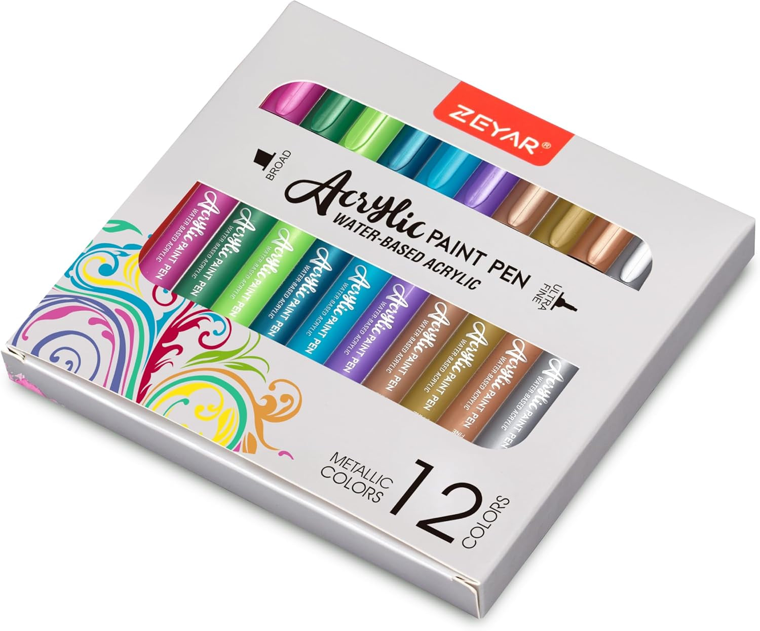 Acrylic Paint Pen, Needle Extra Fine and Chisel Point, 12 Metallic Colors, Waterproof Ink, Works on Rock, Wood, Glass, Metal, Ceramic and More