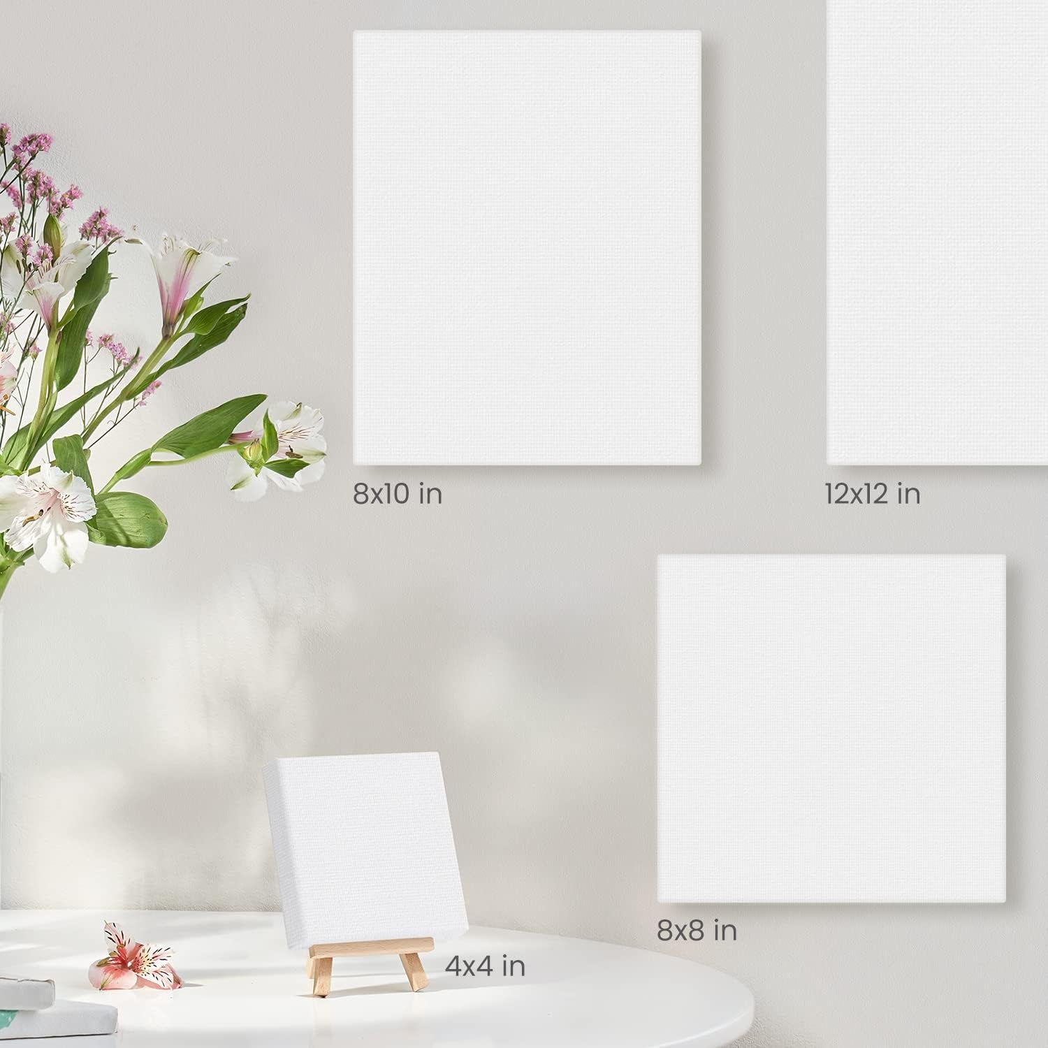Small Canvases with Easels, 4 X 4 Inches, Pack of 14, Blank White Stretched Canvas for Acrylic, Oil and Gouache Painting