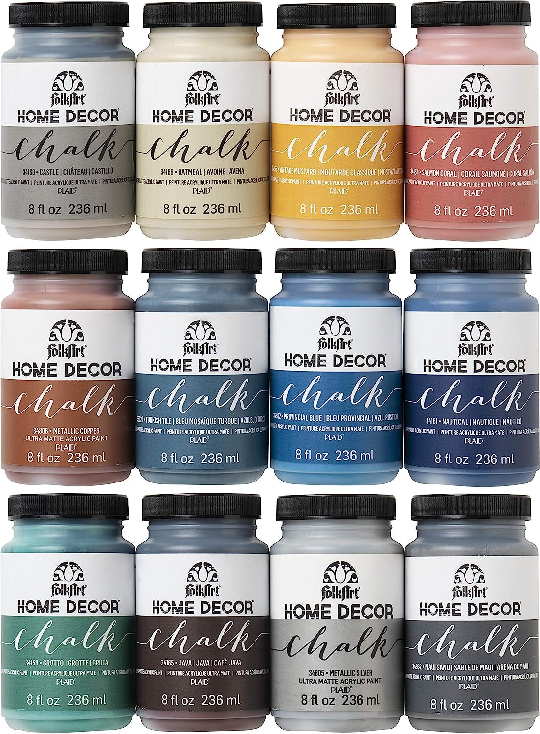 Home Decor Ultra Matte Chalk Finish Acrylic Craft Paint Set Formulated for No-Prep Application, Designed for Beginners and Artists 8 Fl Oz (Pack of 12)