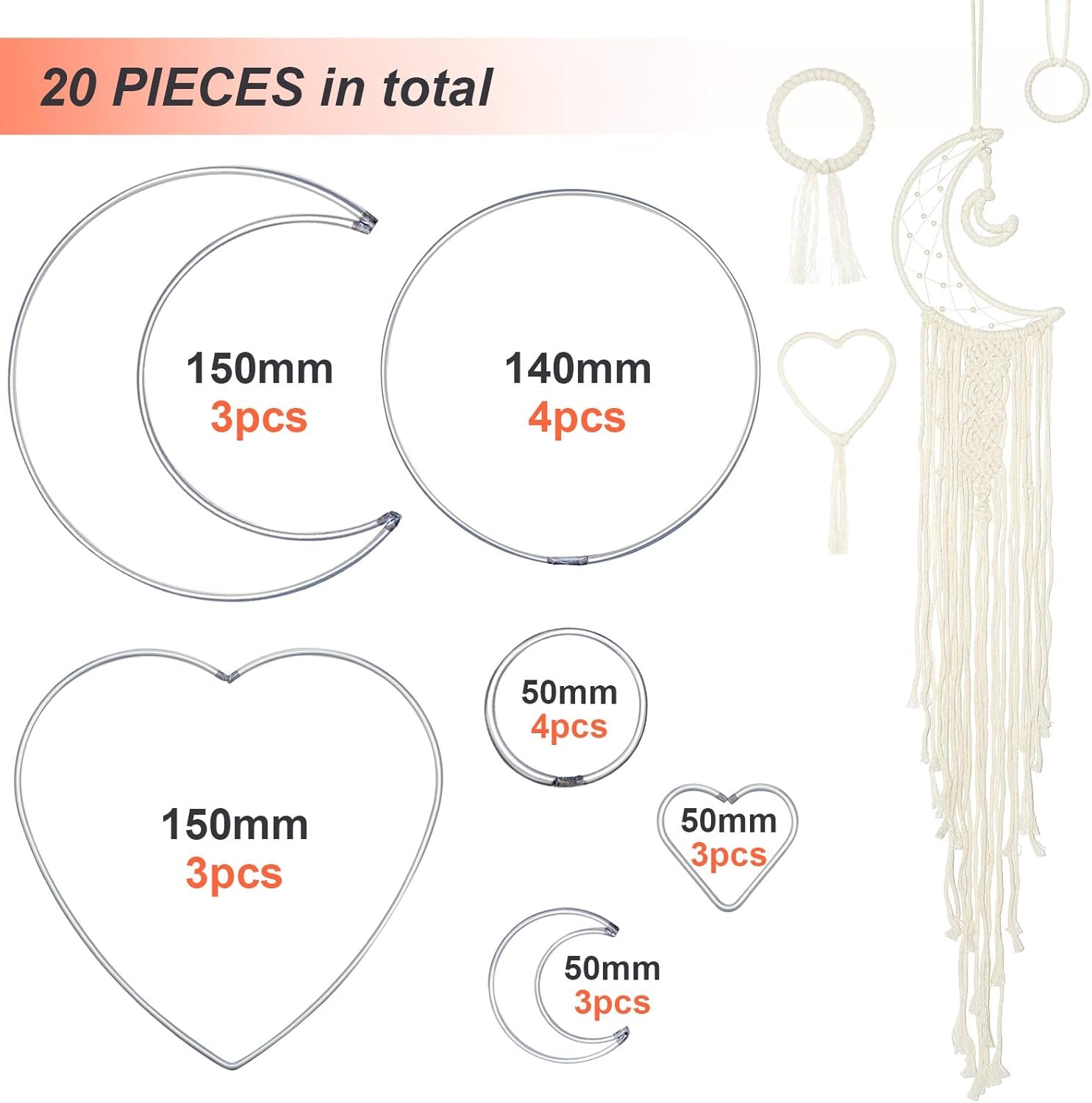 20 Pieces Metal Dream Catcher Rings Circle Heart Moon Shaped Catcher Rings Macrame Hoop Rings for DIY Crafts Wedding Wreath Wall Hanging Decor