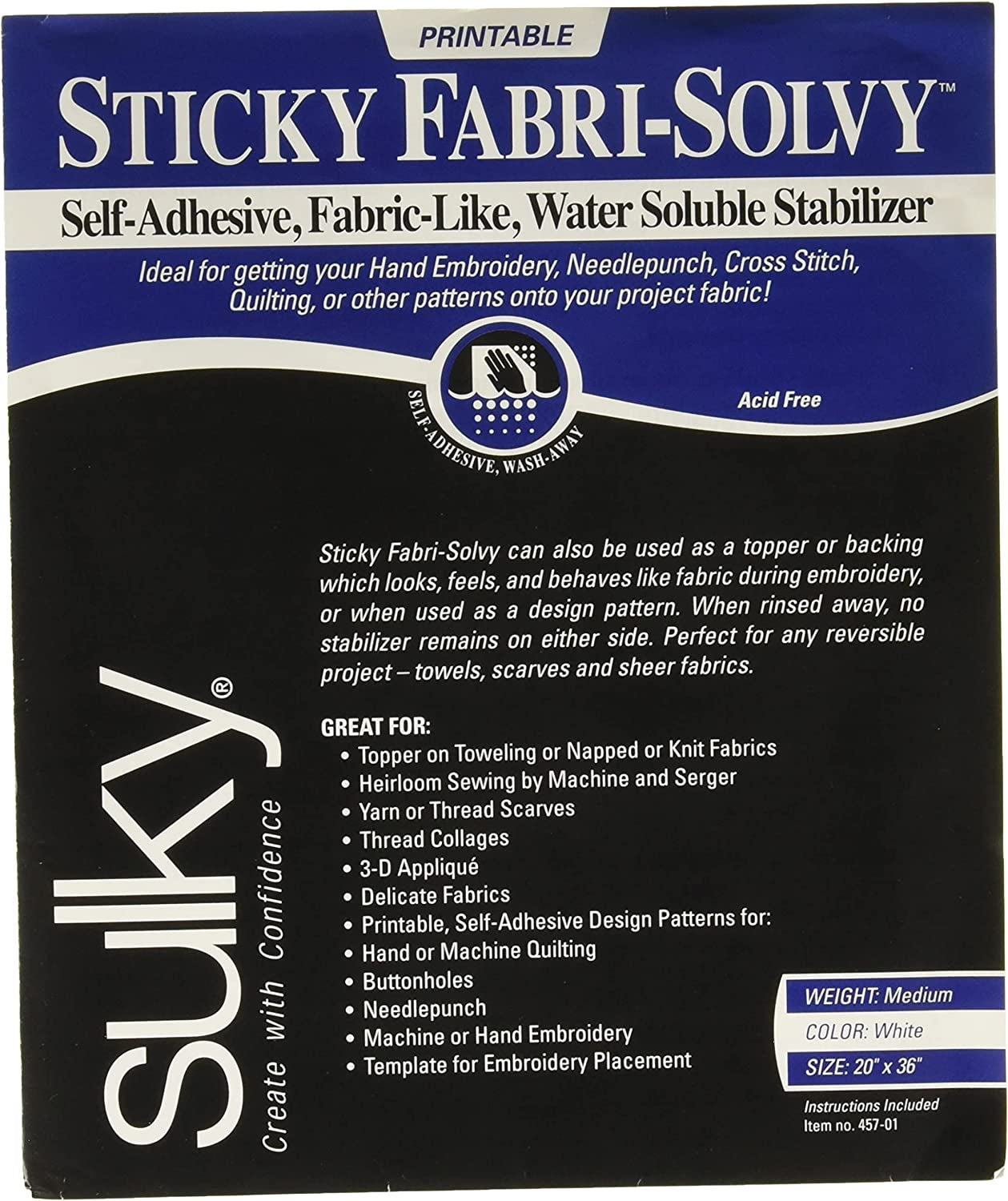 Fabri-Solvy Stabilizer, 20" X 36", White