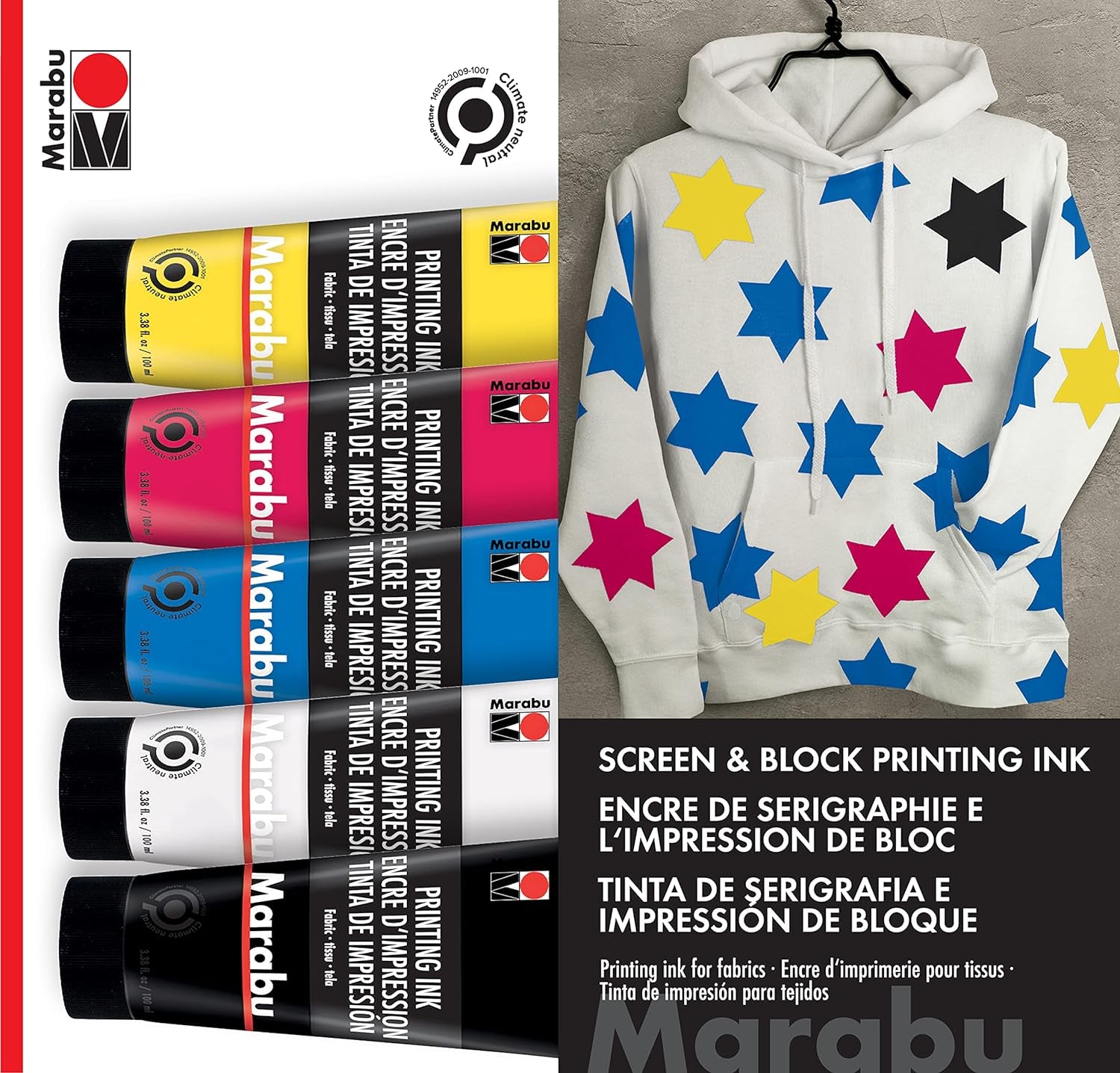 Fabric Screen Printing Ink - Set of 5 Colors Water-Based Screen & Block Printing Ink - Primary Yellow, Magenta, Cyan, Buff Titanium Light, and Carbon Black Screen Print Ink - Large 100Ml Tubes