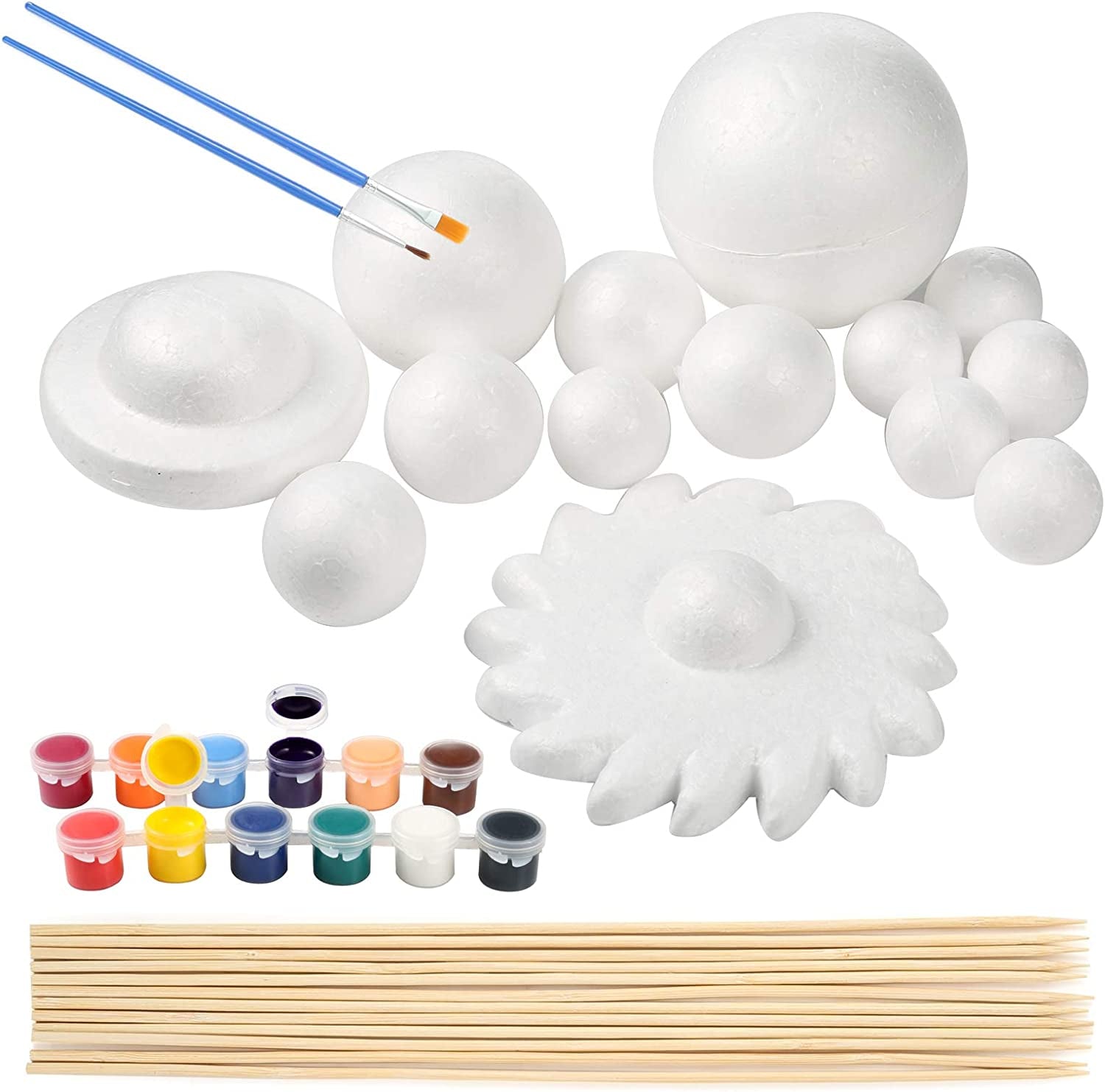 63PCS Solar System Foam Ball Kit Includes Color Pigments, Palette, Mixed Sized Polystyrene Spheres Balls, Toothpick Flag, Painting Brushes, Bamboo Sticks for School Science Projects