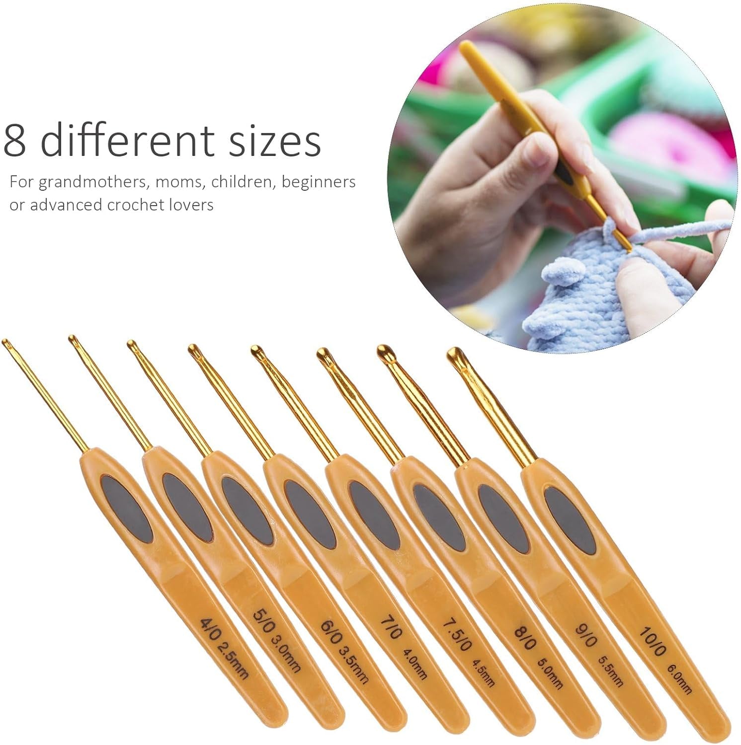 Crochet Hooks Sets 8Pcs Soft Touch Crochet Hooks Aluminum Ergonomic Knitting Needles Set for Crocheting Yarn Craft 2.5-6Mm