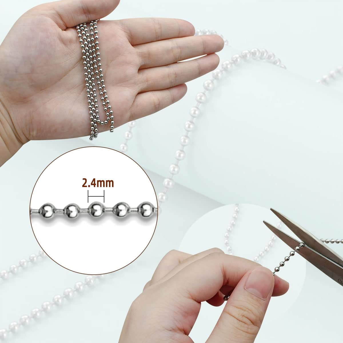 32.8 Feet Stainless Steel Ball Beaded Chain Necklace Chains for Making Jewelry with 20 Pieces Matching Connectors Silver Color Metal Pull Chain Roll Spool Ball for Dog Tag DIY (2.4Mm in Diameter)
