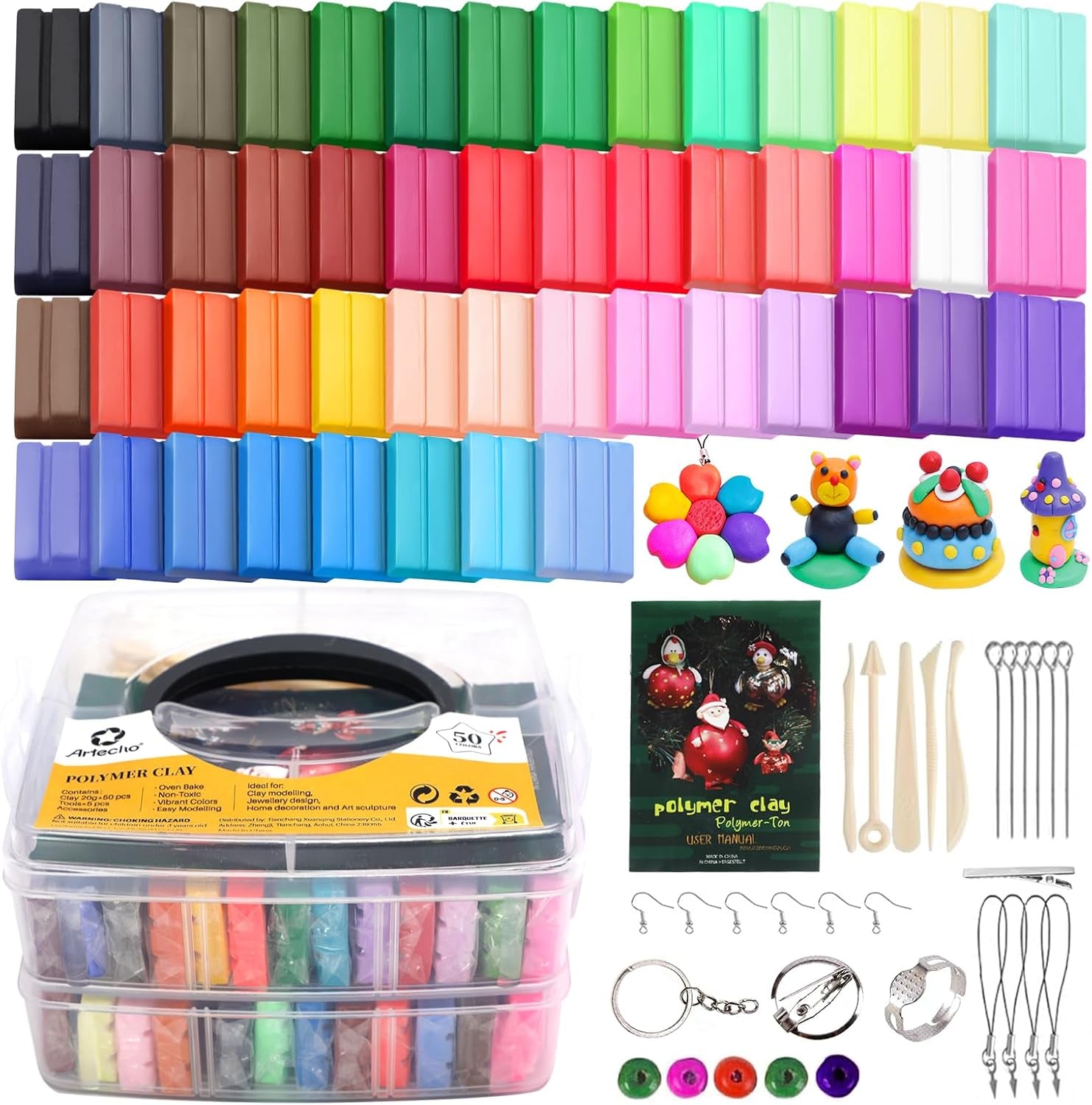 Polymer Clay 50 Colors,  Oven Bake Clay for Kids, Sculpey Clay Kit with DIY Kits for Adults, Modeling Clay for Earring Makeing, Jewelry Making