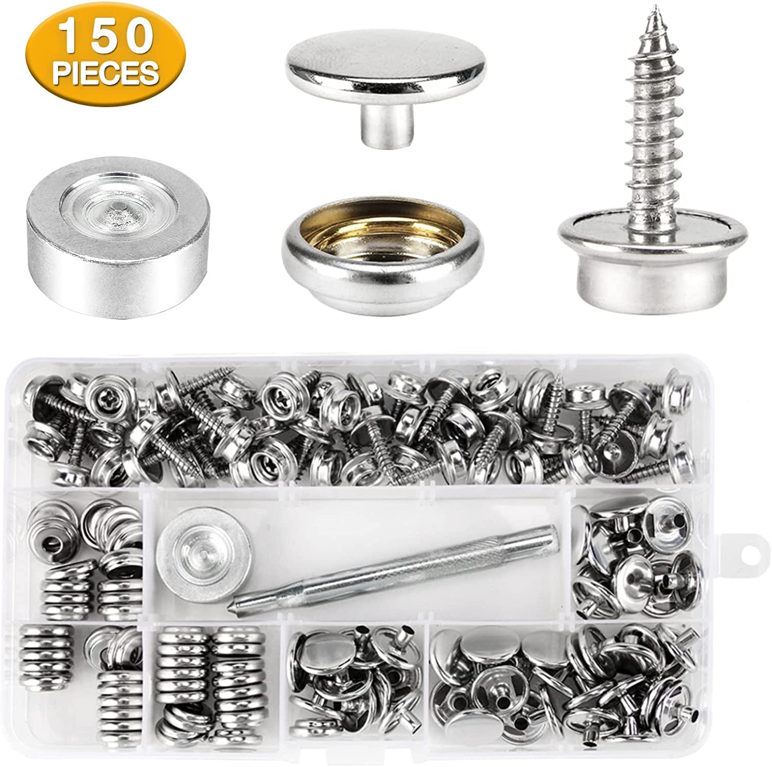 150 PCS Canvas Snap Kit Tool, Metal Screws Snaps Marine Grade 3/8" Socket Stainless Steel Boat Canvas Snaps with 2 PCS Setting Tool for Boat Cover Furniture (150 PCS)