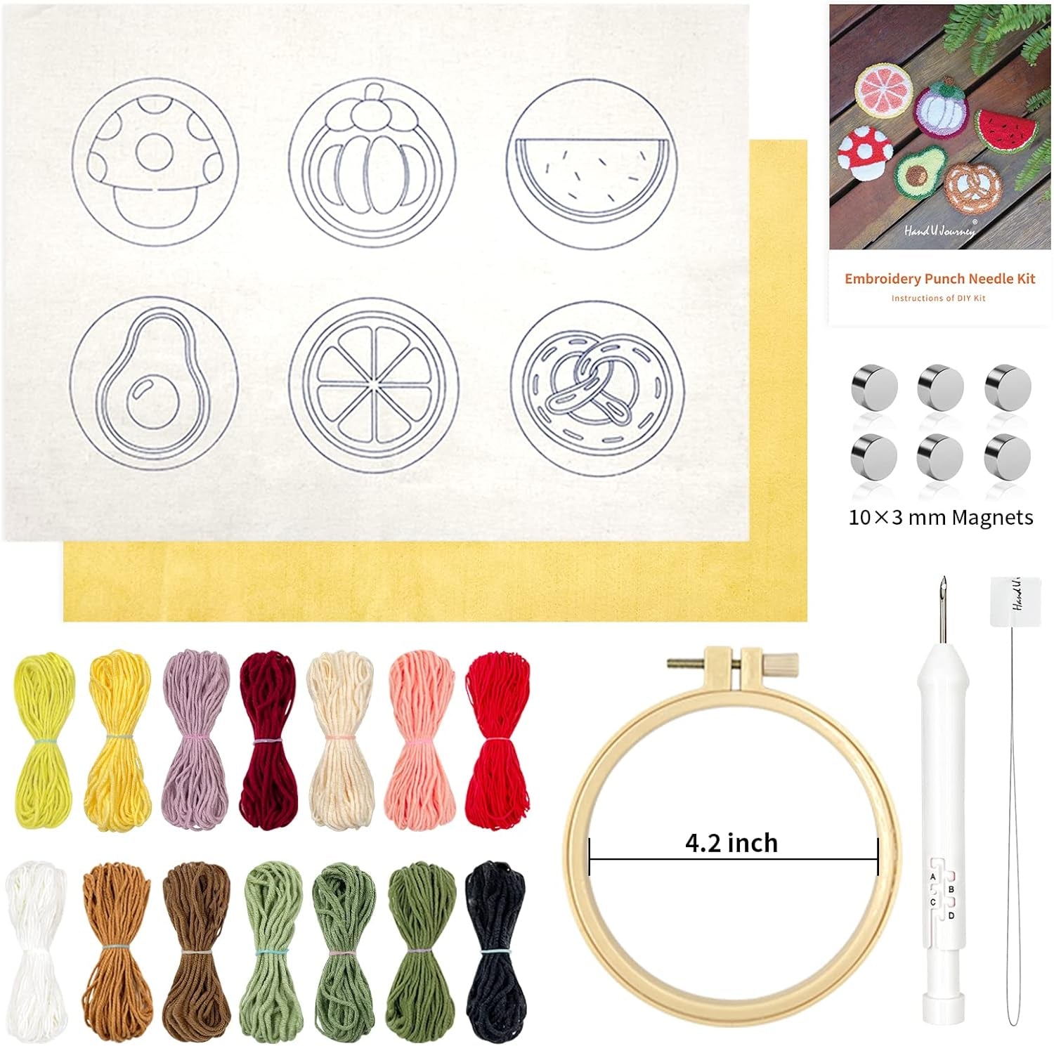 6PCS Embroidery Punch Needle Food Series Refrigerator Magnets Set, Rug Punch Decoration DIY Kit for Children and Adult Beginner