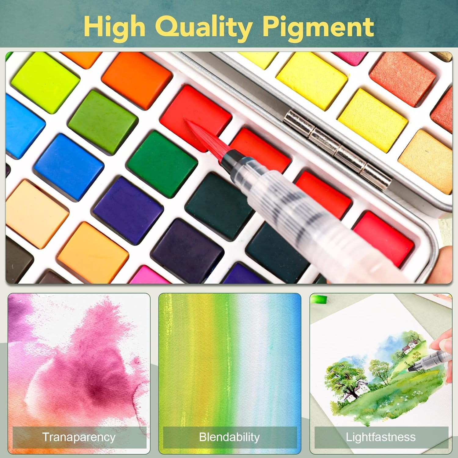 100 Colors Watercolor Paint Set,In Portable Box,Include Pearl Light & Fluorescent Color, 10 Painting Brushes, 6 Water Brush Pens, Pad, Palette and Everything Else You Need, Travel Kit