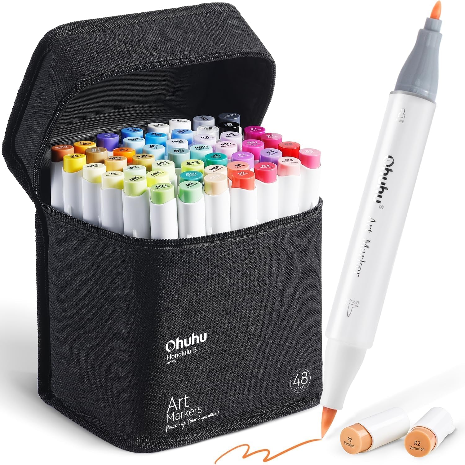 Alcohol Markers Brush Tip: 48-Color Double Tipped Art Marker Set for Artist Adults Coloring Illustrations -Honolulu -Brush & Chisel -Refillable