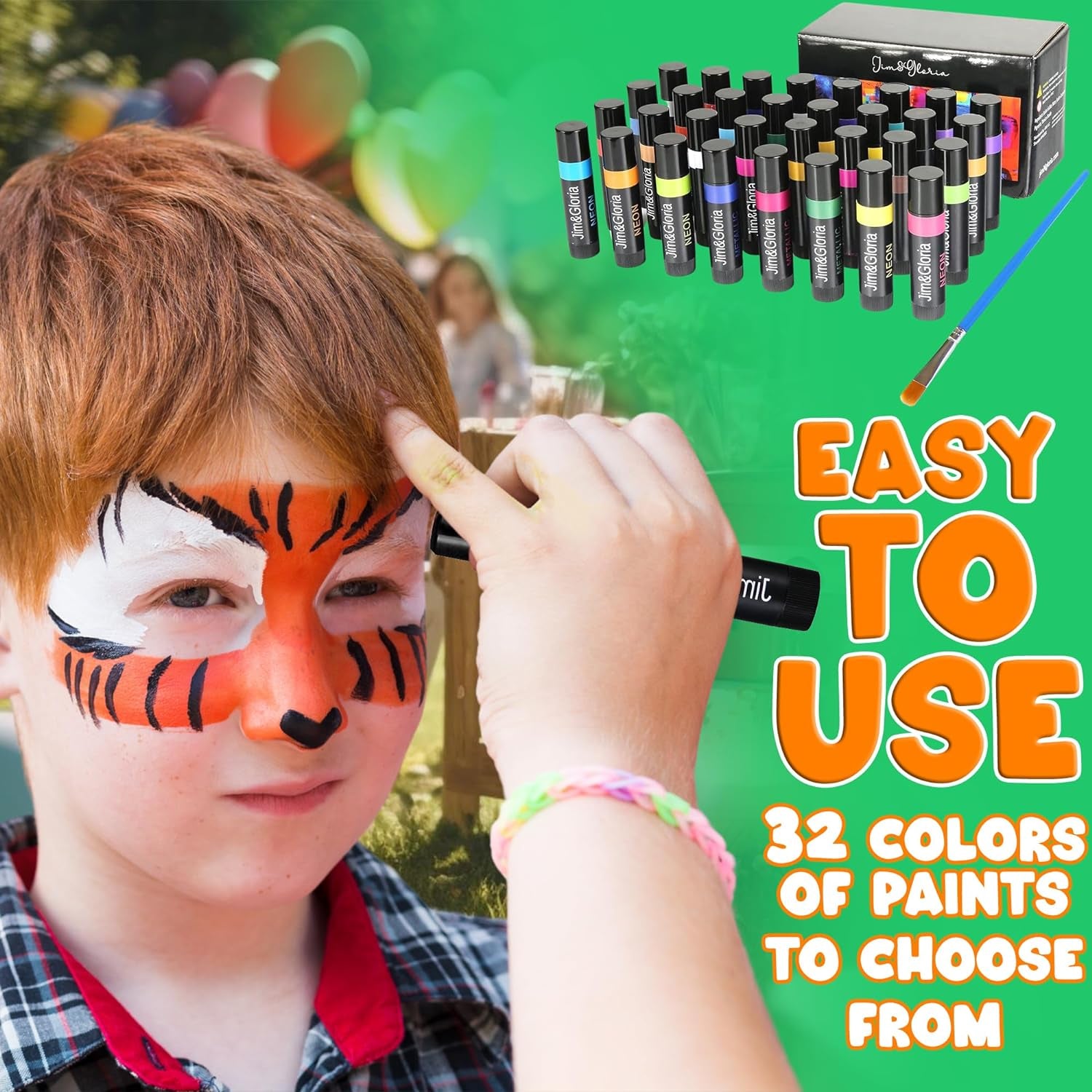 Face Painting Kit for Kids 32 Colors Metallic, Neon, Classic + Makeup Brush, Skin Safe, Washable and Professional Body Paint Sticks Crayon Set, Birthday Gift for Kids, Halloween Costume