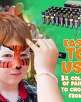 Face Painting Kit for Kids 32 Colors Metallic, Neon, Classic + Makeup Brush, Skin Safe, Washable and Professional Body Paint Sticks Crayon Set, Birthday Gift for Kids, Halloween Costume