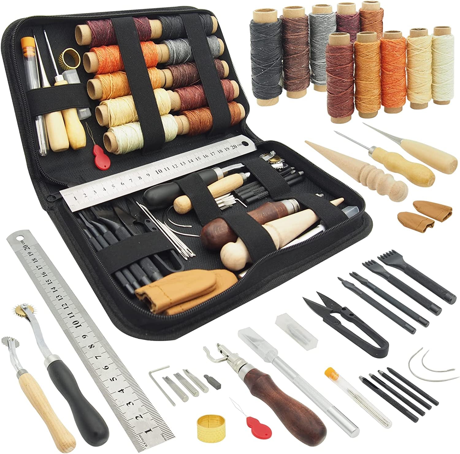Leather Working Tools for Beginners: Professional Leather Craft Kit with Waxed Thread Groover Awl Stitching Punch for Leathercraft Adults Gifts 02